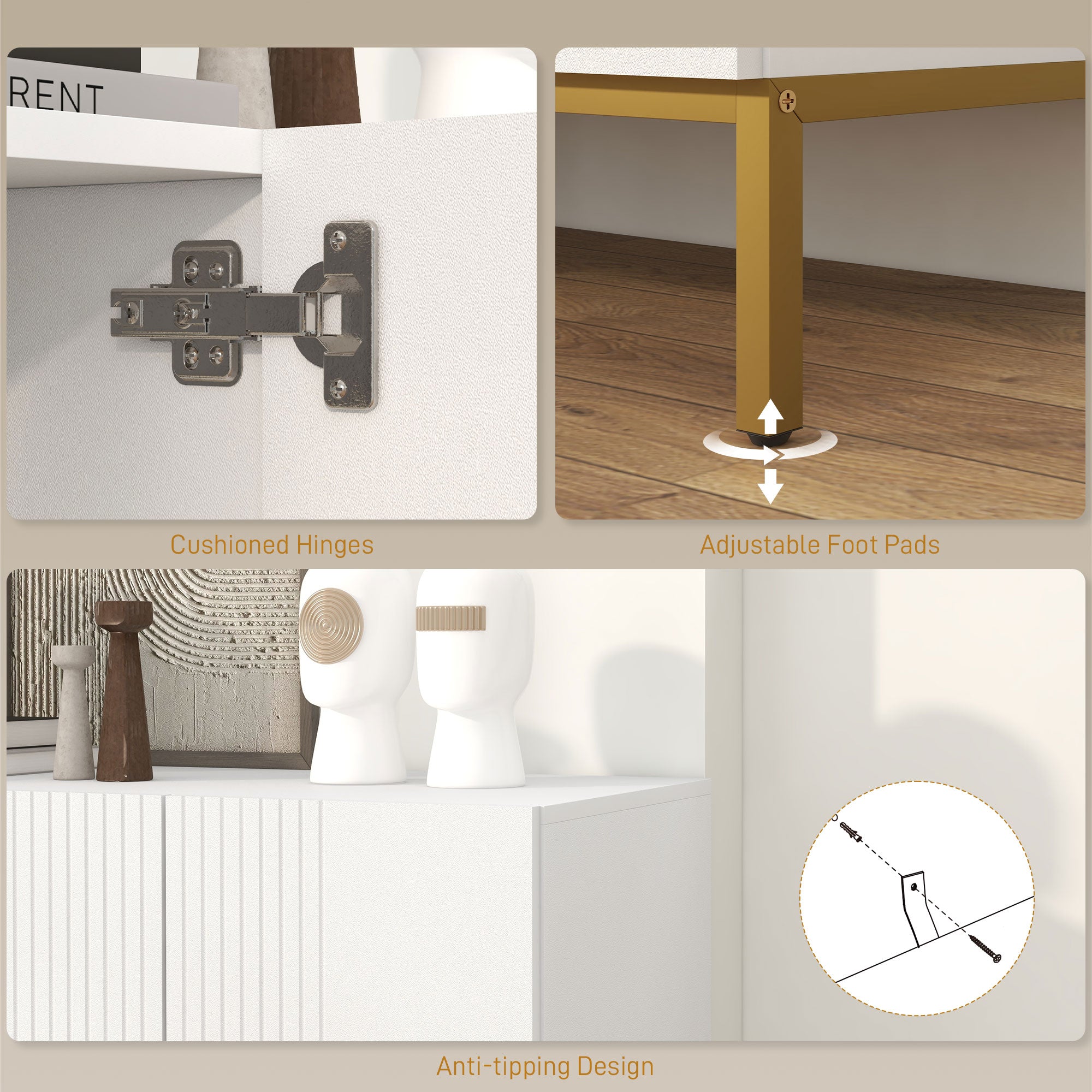 HOMCOM Sideboard Buffet Cabinet, Kitchen Storage Cabinet with Adjustable Shelves, Soft-Close Doors and Gold Legs, Modern Coffee Bar Cabinet, White