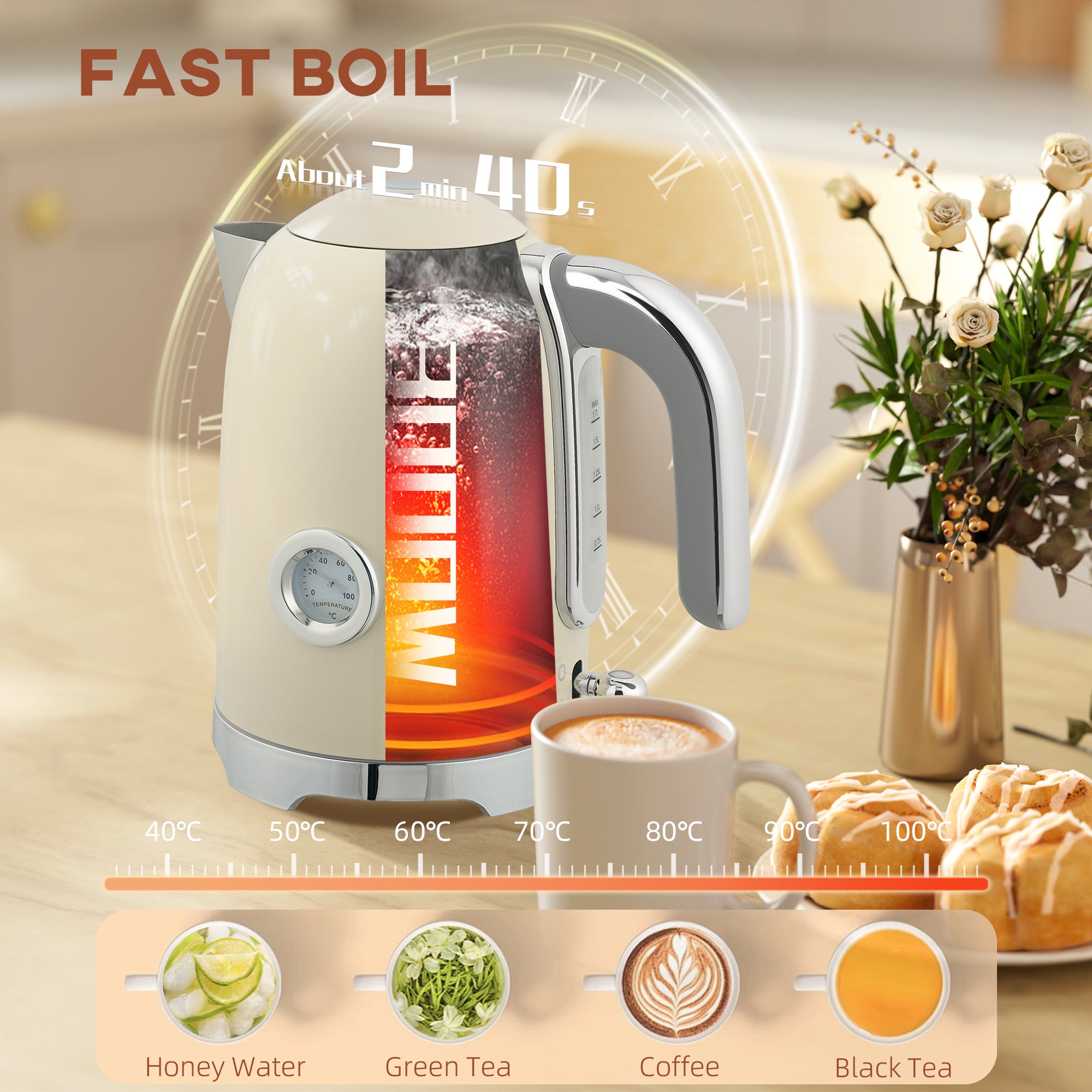 Kettle and Toaster Set with Temperature Gauge, 1.7L 3000W Rapid Boil Jug Kettle with Otter Thermostat, Limescale Filter, 2 Slice Toaster with 7 Browning Controls, Crumb Tray, Cream