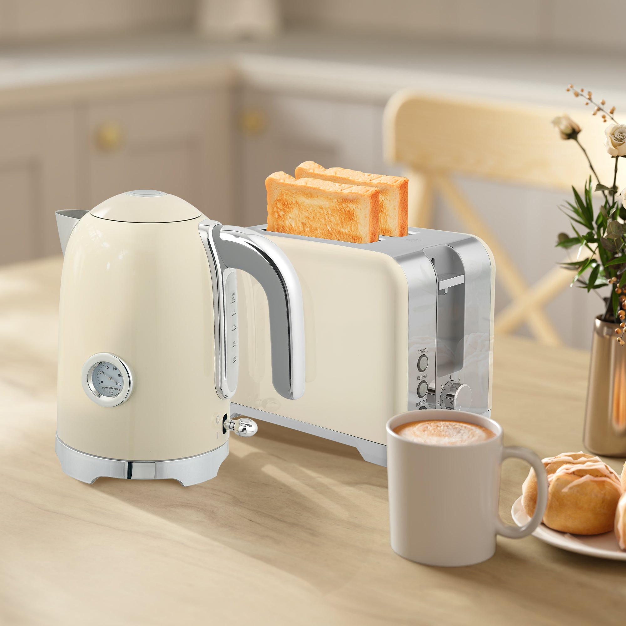 Kettle and Toaster Set with Temperature Gauge, 1.7L 3000W Rapid Boil Jug Kettle with Otter Thermostat, Limescale Filter, 2 Slice Toaster with 7 Browning Controls, Crumb Tray, Cream