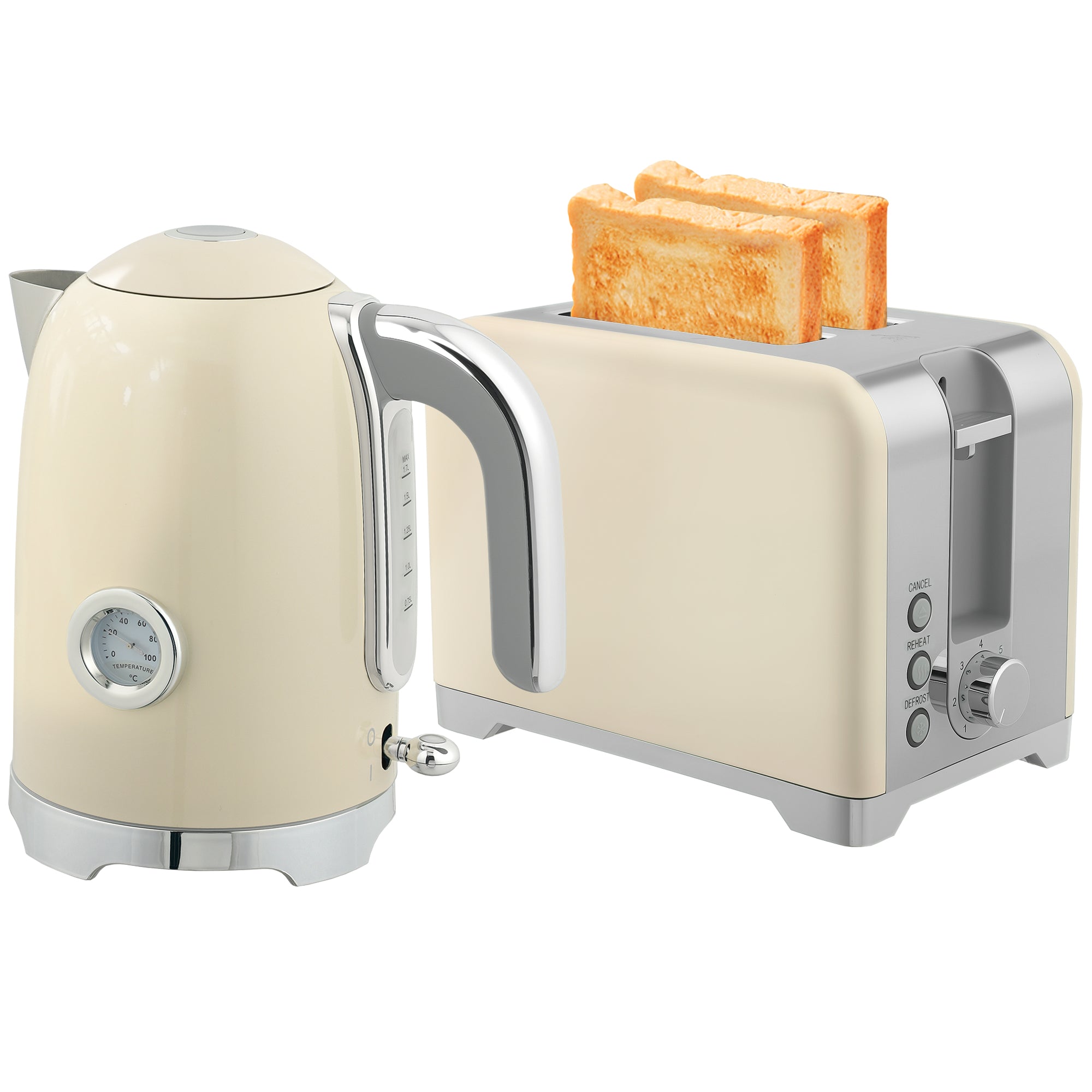 Kettle and Toaster Set with Temperature Gauge, 1.7L 3000W Rapid Boil Jug Kettle with Otter Thermostat, Limescale Filter, 2 Slice Toaster with 7 Browning Controls, Crumb Tray, Cream