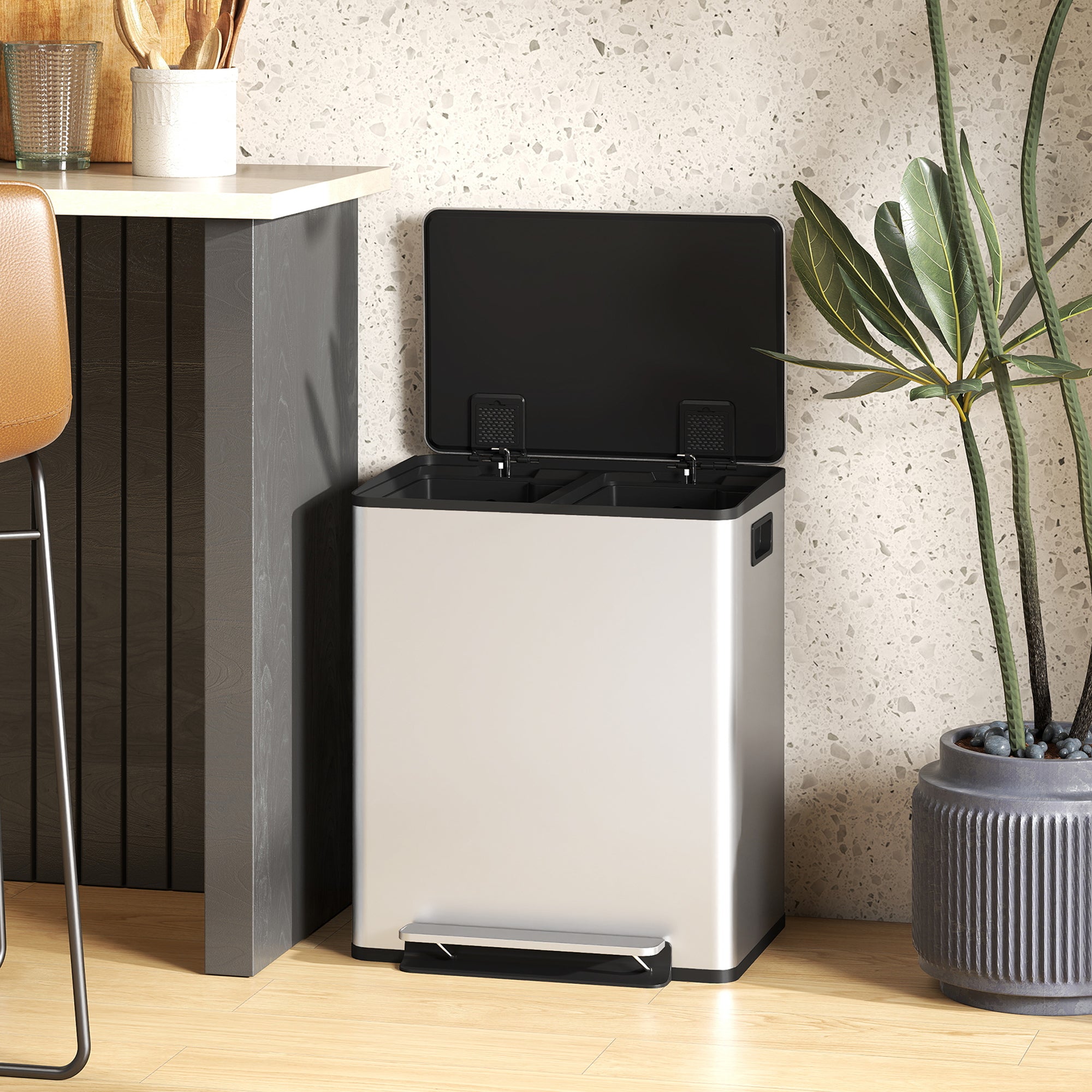 Dual Kitchen Bin, 2 x 25L Stainless Steel Double Pedal Bin with Soft-Close Lid, Removable Inner Buckets and Handles for Recycling and Waste, Silver