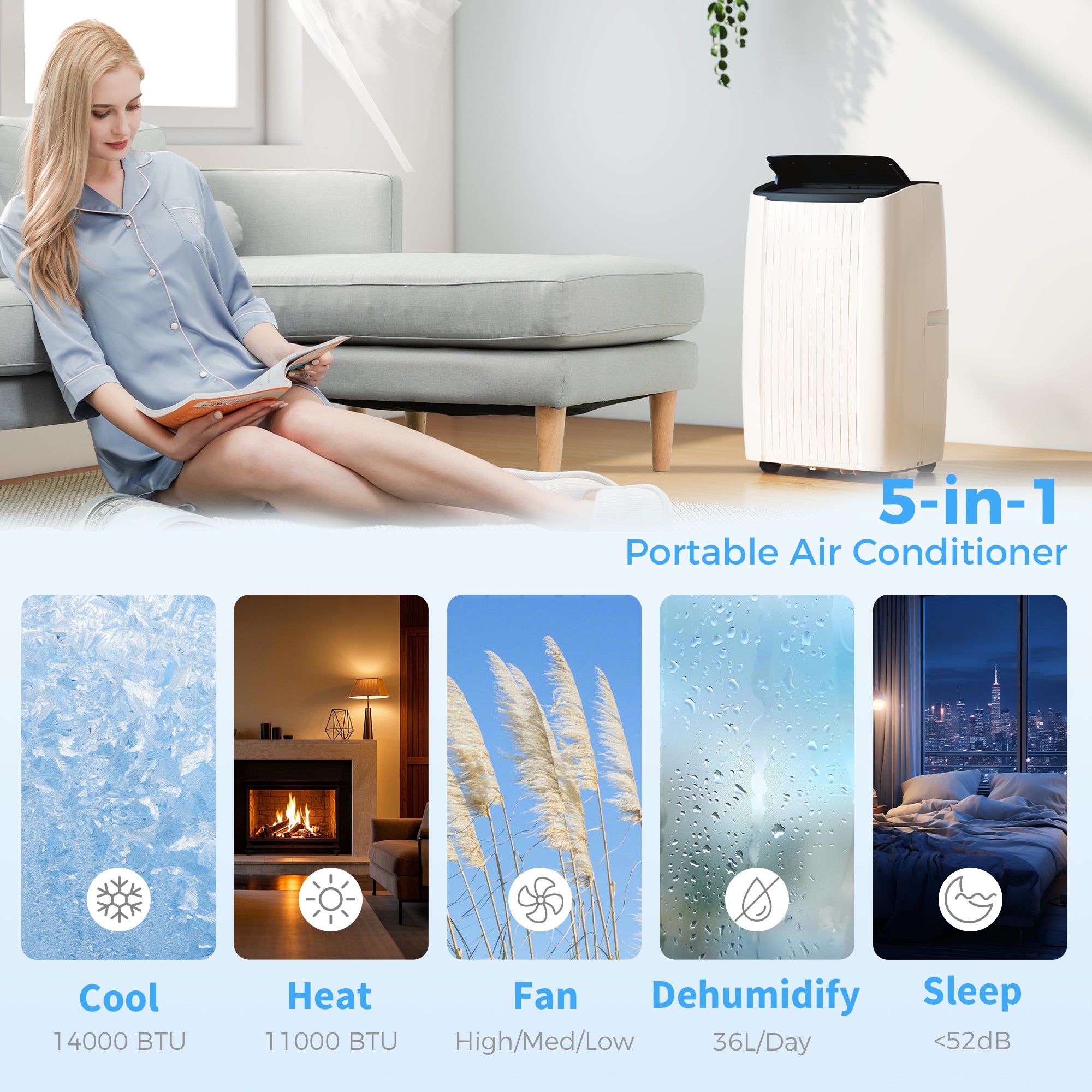 14000 BTU Portable Air Conditioner, 5-in-1 AC Unit with Cool, Heat, Dehumidifier, Fan, Sleep, WiFi Voice Control, 24H Timer, Child Lock, for Room up to 700 Sq. ft, White