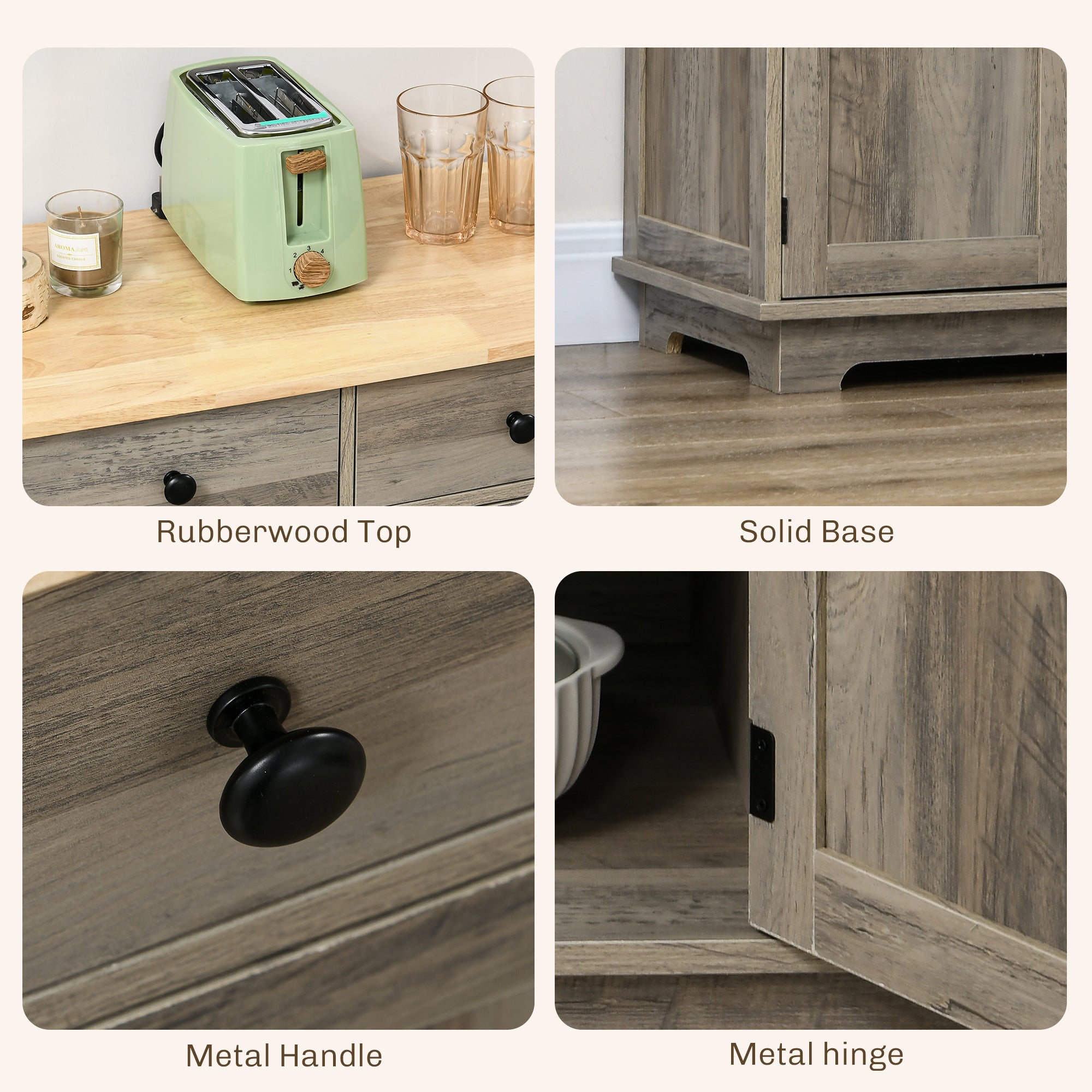 Sideboard Floor Cupboard, Solid Wood Top, Adjustable Shelf & 3 Drawers, Distressed Gray