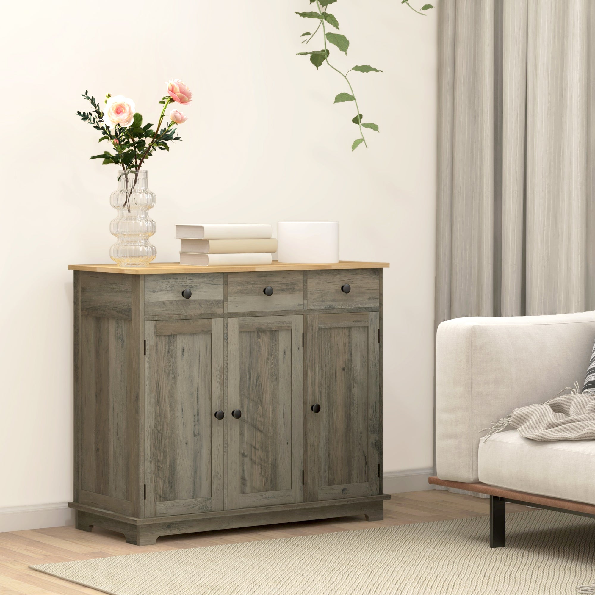 Sideboard Floor Cupboard, Solid Wood Top, Adjustable Shelf & 3 Drawers, Distressed Gray