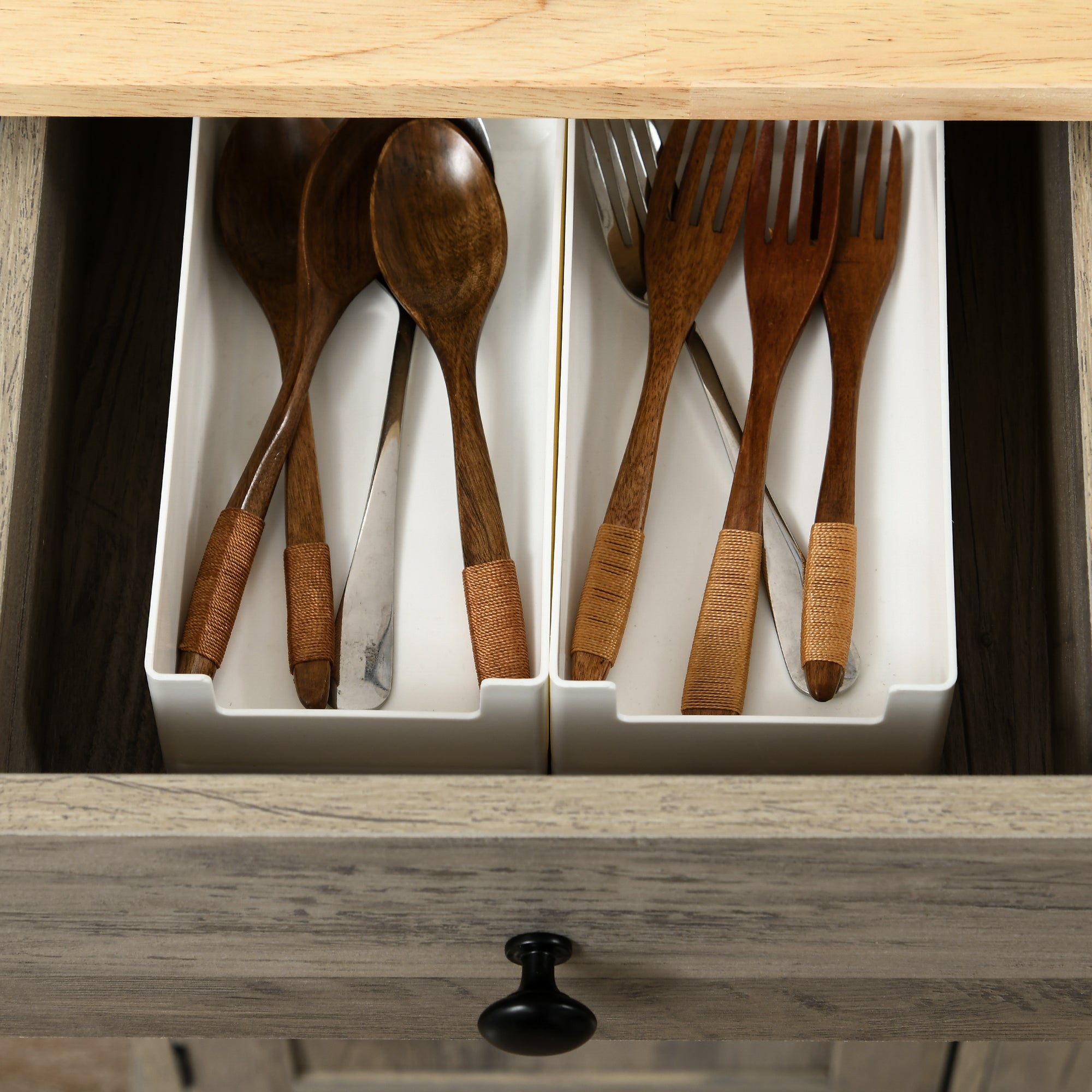 Sideboard Floor Cupboard, Solid Wood Top, Adjustable Shelf & 3 Drawers, Distressed Gray