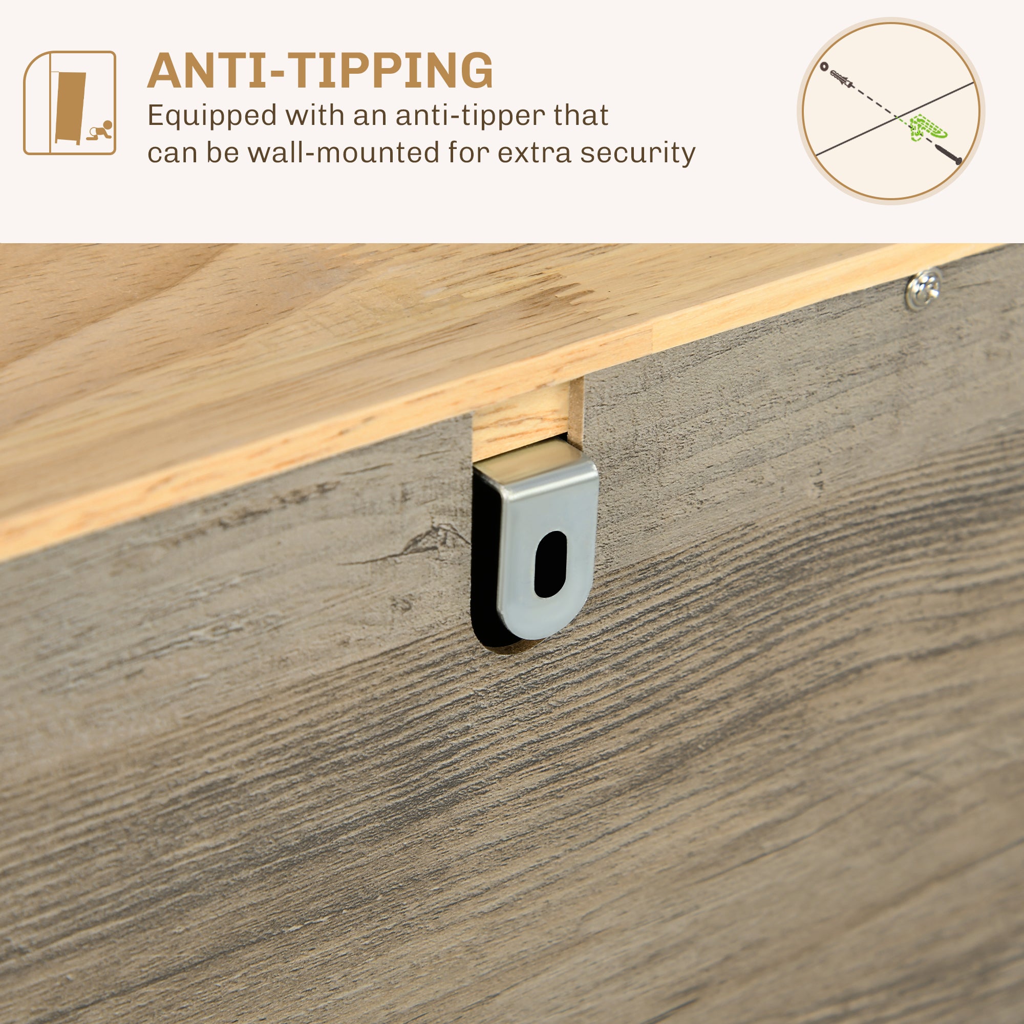 Sideboard Floor Cupboard, Solid Wood Top, Adjustable Shelf & 3 Drawers, Distressed Gray