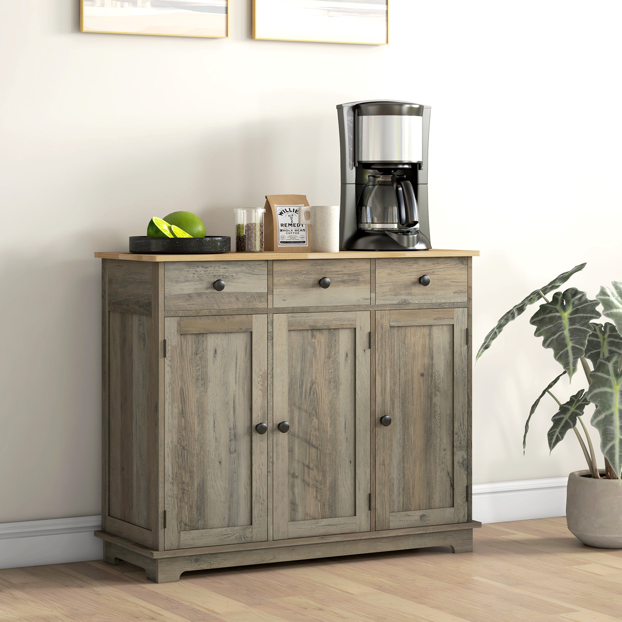 Sideboard Floor Cupboard, Solid Wood Top, Adjustable Shelf & 3 Drawers, Distressed Gray