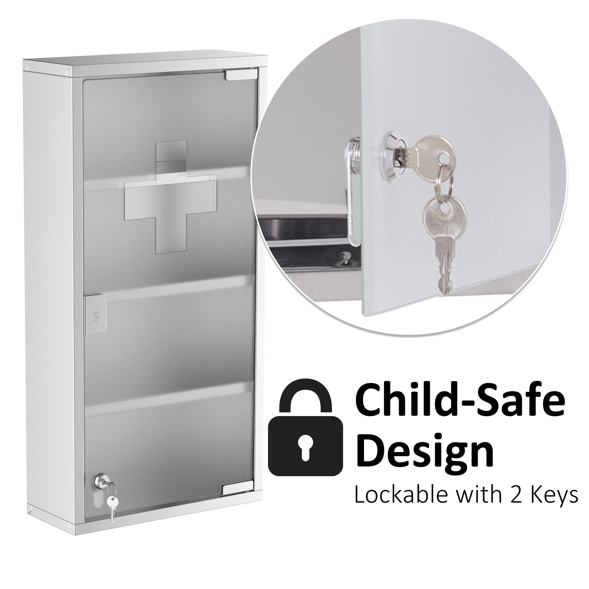 HOMCOM Wall Mount Medicine Cabinet, Bathroom Cabinet with 4 Tier Shelves, Stainless Steel Frame and Glass Door, Lockable with 2 Keys, Silver, 12" x 23.5"