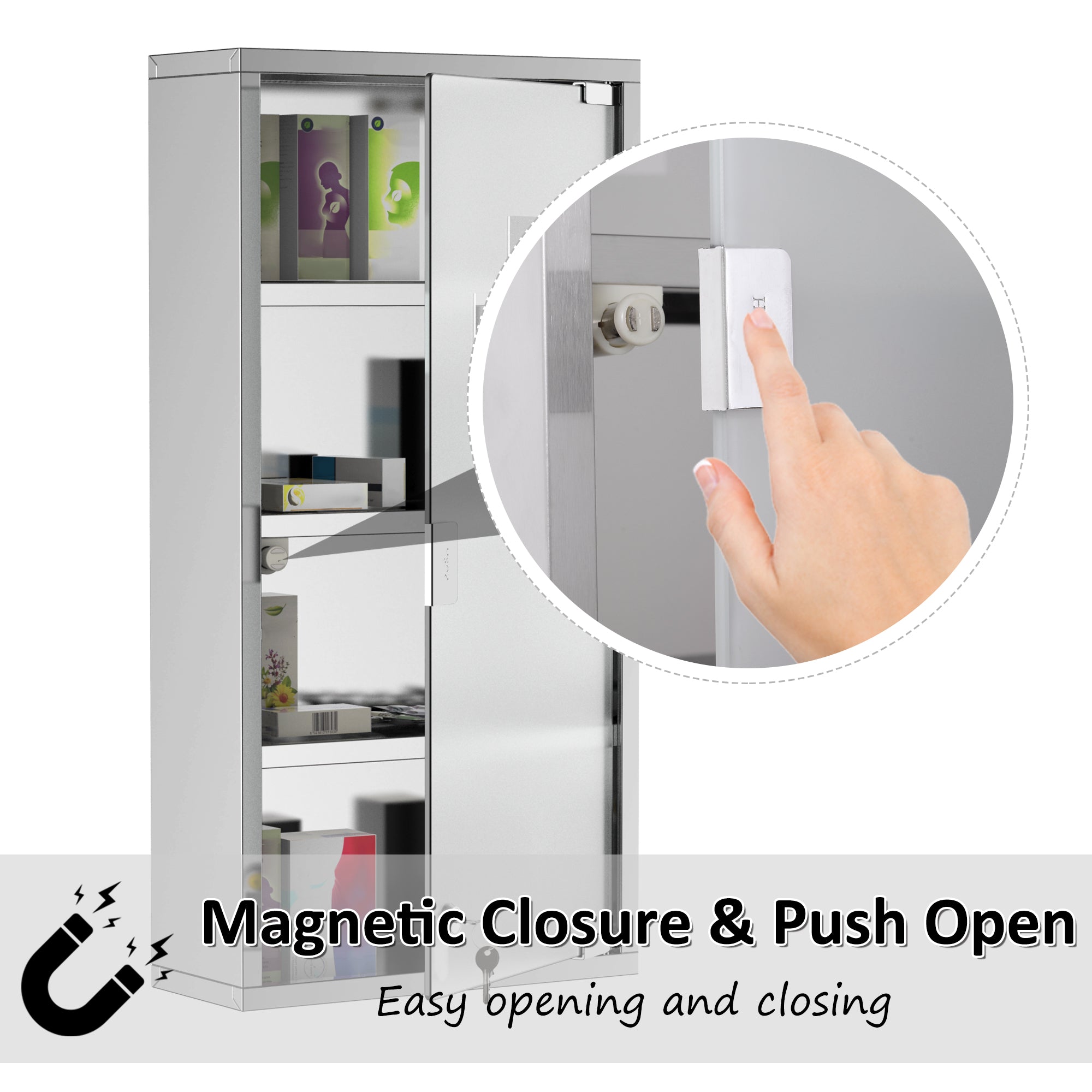 HOMCOM Wall Mount Medicine Cabinet, Bathroom Cabinet with 4 Tier Shelves, Stainless Steel Frame and Glass Door, Lockable with 2 Keys, Silver, 12" x 23.5"