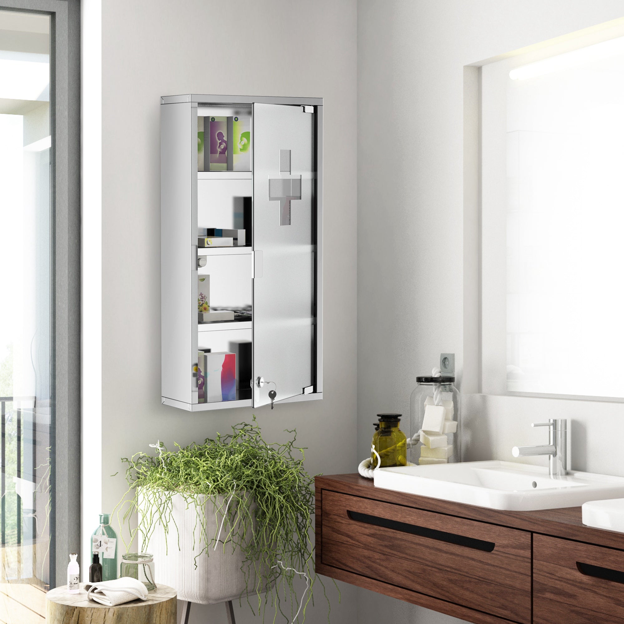 HOMCOM Wall Mount Medicine Cabinet, Bathroom Cabinet with 4 Tier Shelves, Stainless Steel Frame and Glass Door, Lockable with 2 Keys, Silver, 12" x 23.5"