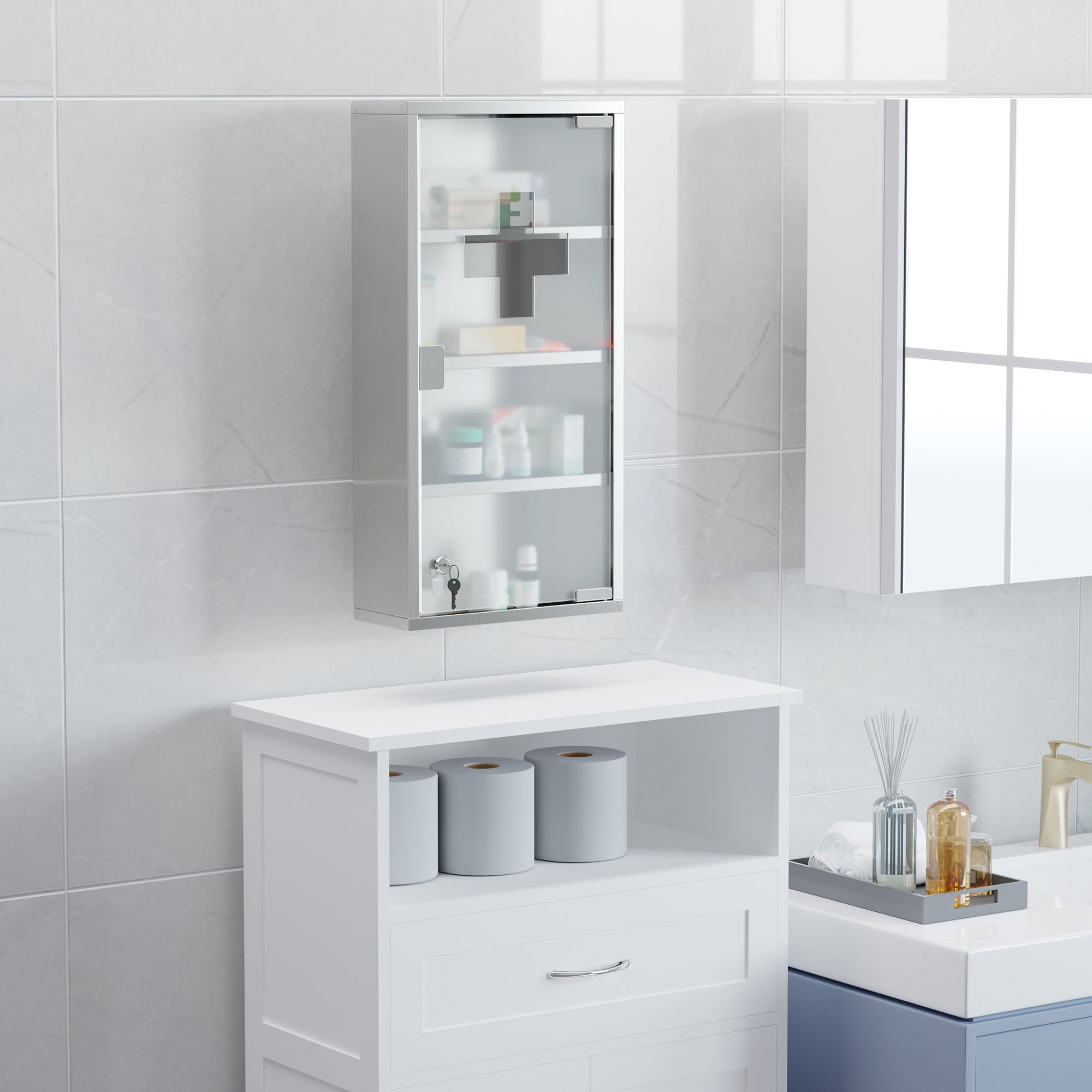 HOMCOM Wall Mount Medicine Cabinet, Bathroom Cabinet with 4 Tier Shelves, Stainless Steel Frame and Glass Door, Lockable with 2 Keys, Silver, 12" x 23.5"
