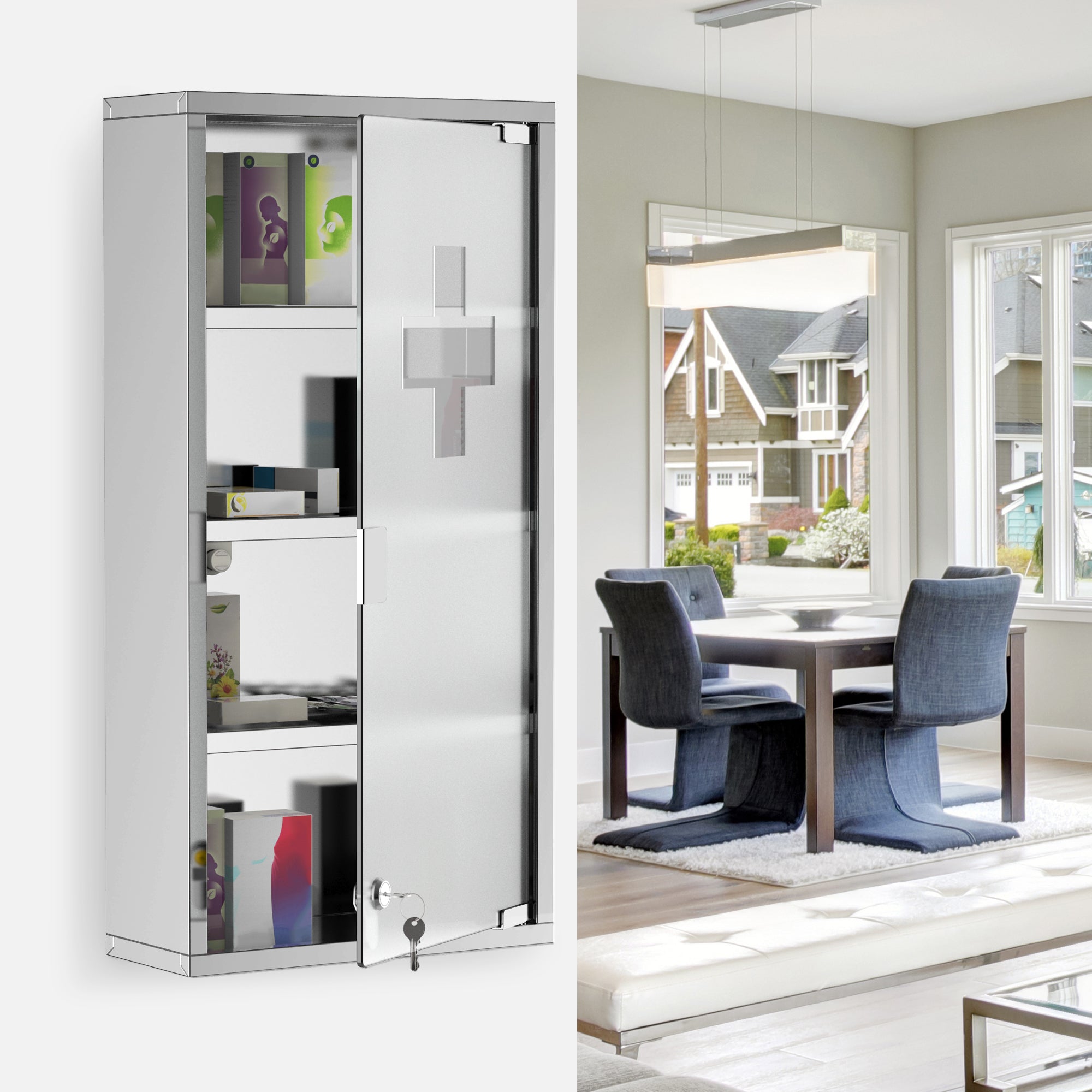 HOMCOM Wall Mount Medicine Cabinet, Bathroom Cabinet with 4 Tier Shelves, Stainless Steel Frame and Glass Door, Lockable with 2 Keys, Silver, 12" x 23.5"
