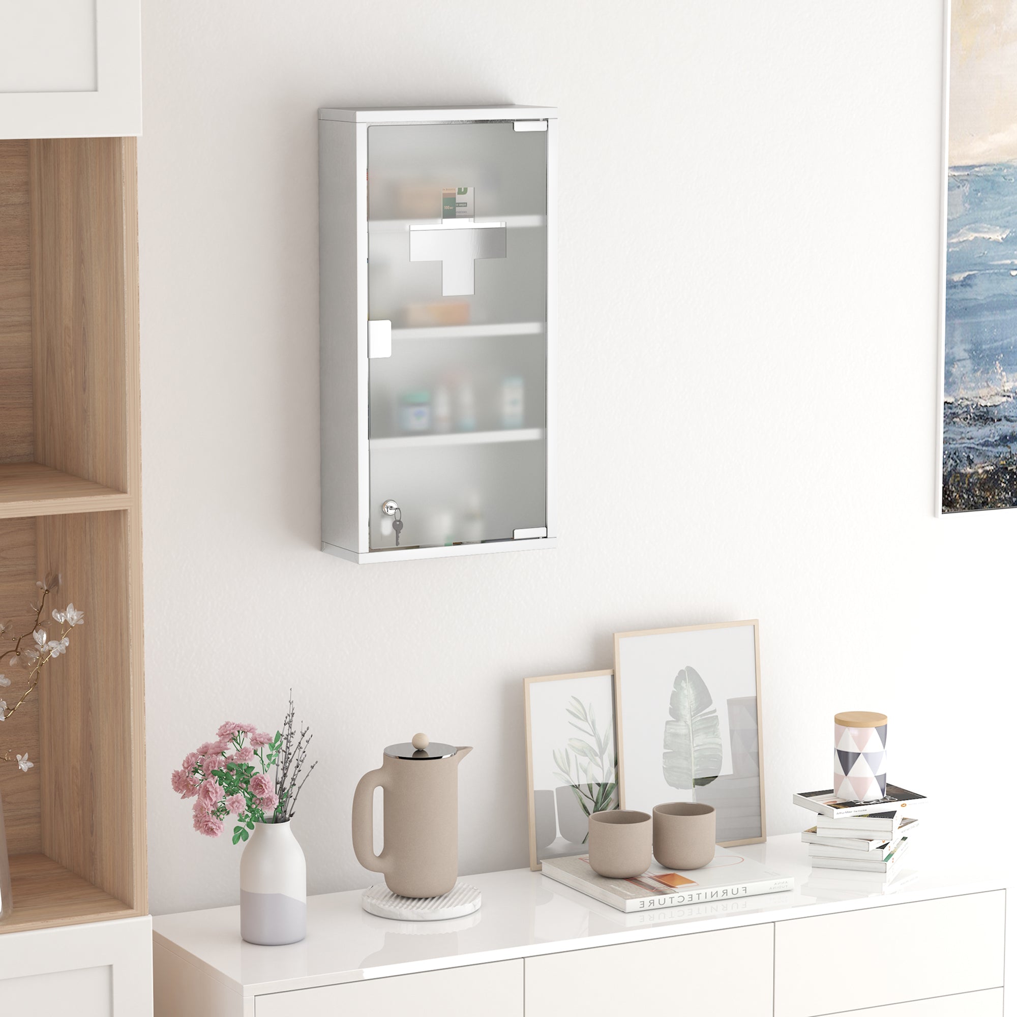 HOMCOM Wall Mount Medicine Cabinet, Bathroom Cabinet with 4 Tier Shelves, Stainless Steel Frame and Glass Door, Lockable with 2 Keys, Silver, 12" x 23.5"