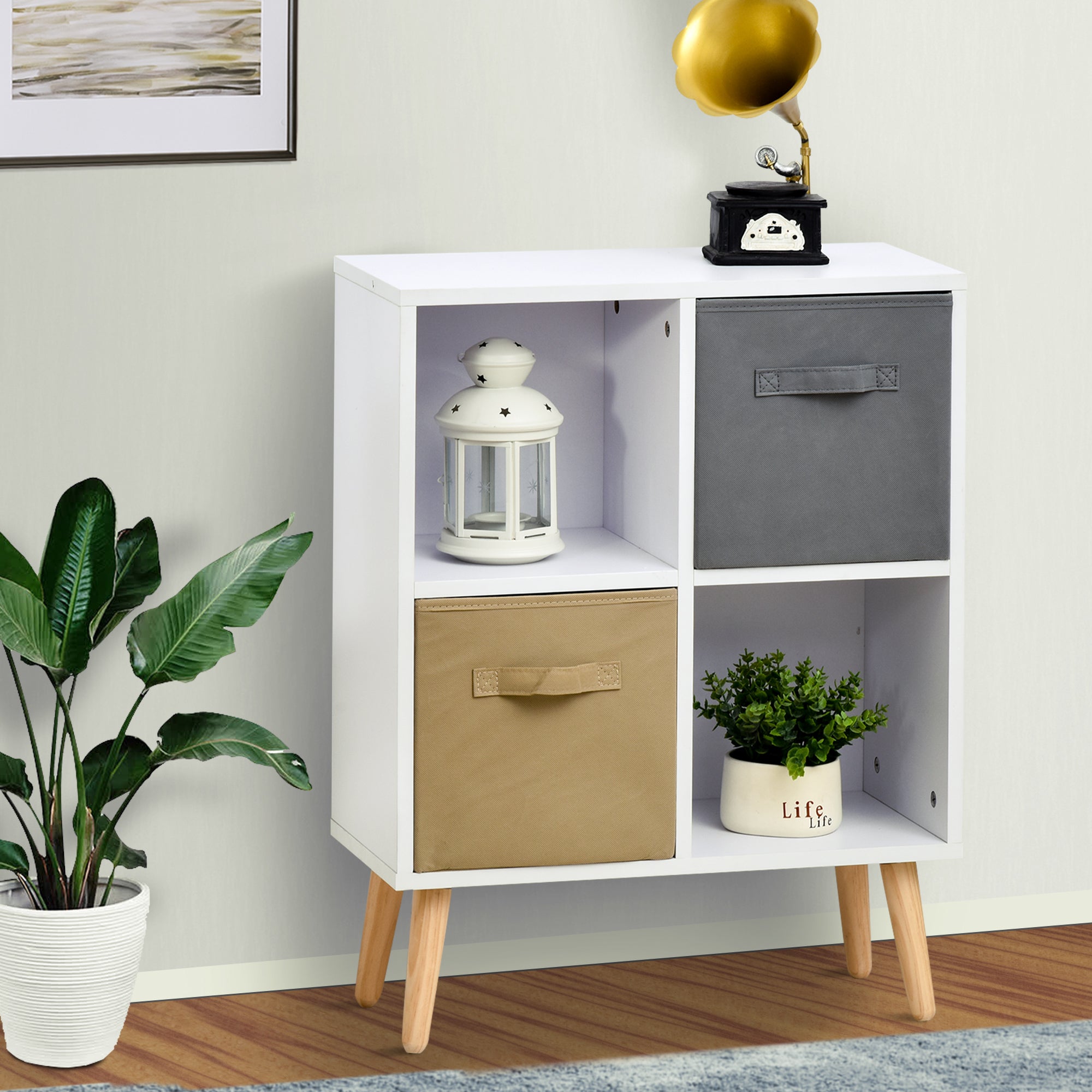 HOMCOM Freestanding 4 Cube Storage Cabinet Unit w/ 2 Fabric Drawers Handles Home Office Organisation Shelves Furniture