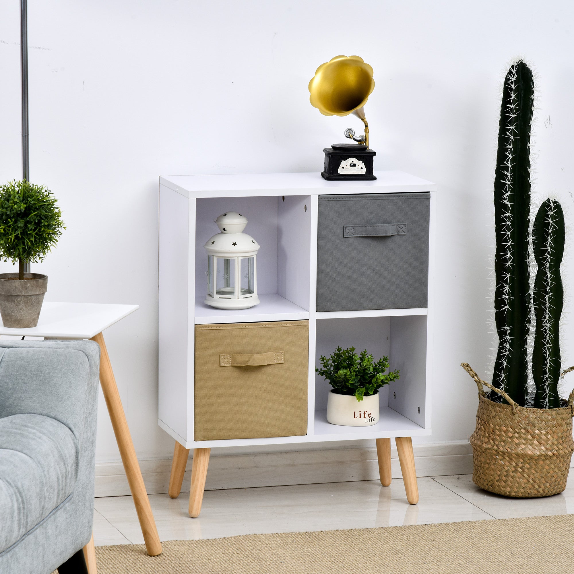 HOMCOM Freestanding 4 Cube Storage Cabinet Unit w/ 2 Fabric Drawers Handles Home Office Organisation Shelves Furniture