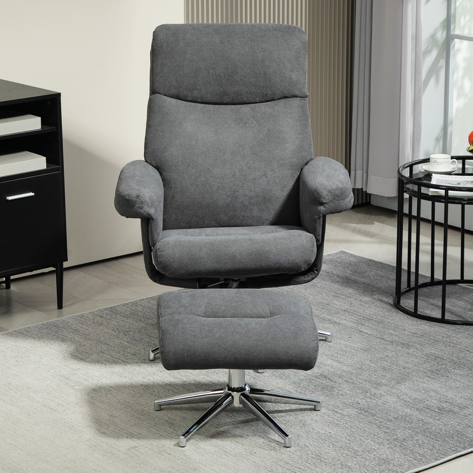 HOMCOM Recliner Chair with Footstool, Upholstered Velvet Fabric Armchair with Adjustable Back, Solid Wood Frame for Living Room, Charcoal Grey