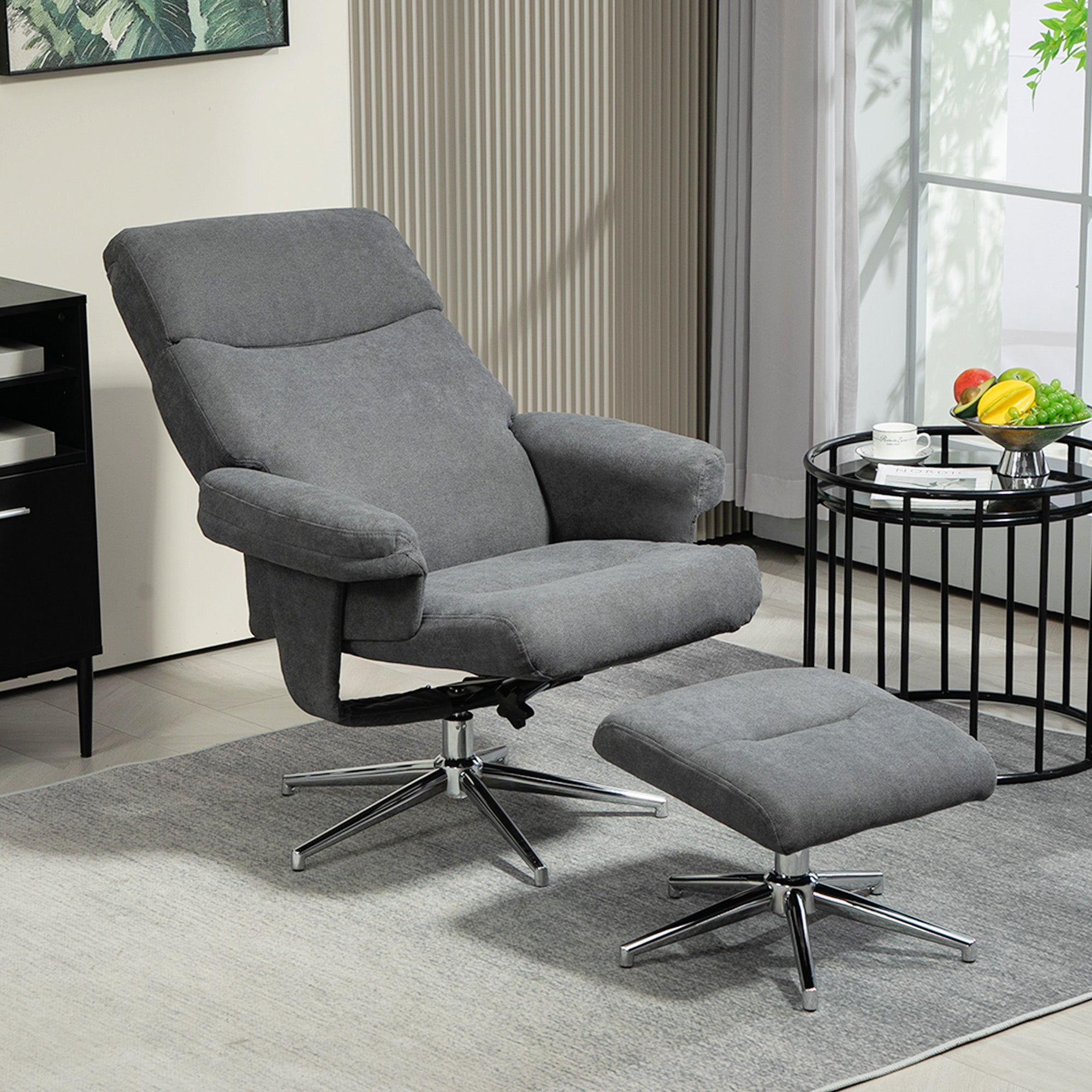 HOMCOM Recliner Chair with Footstool, Upholstered Velvet Fabric Armchair with Adjustable Back, Solid Wood Frame for Living Room, Charcoal Grey