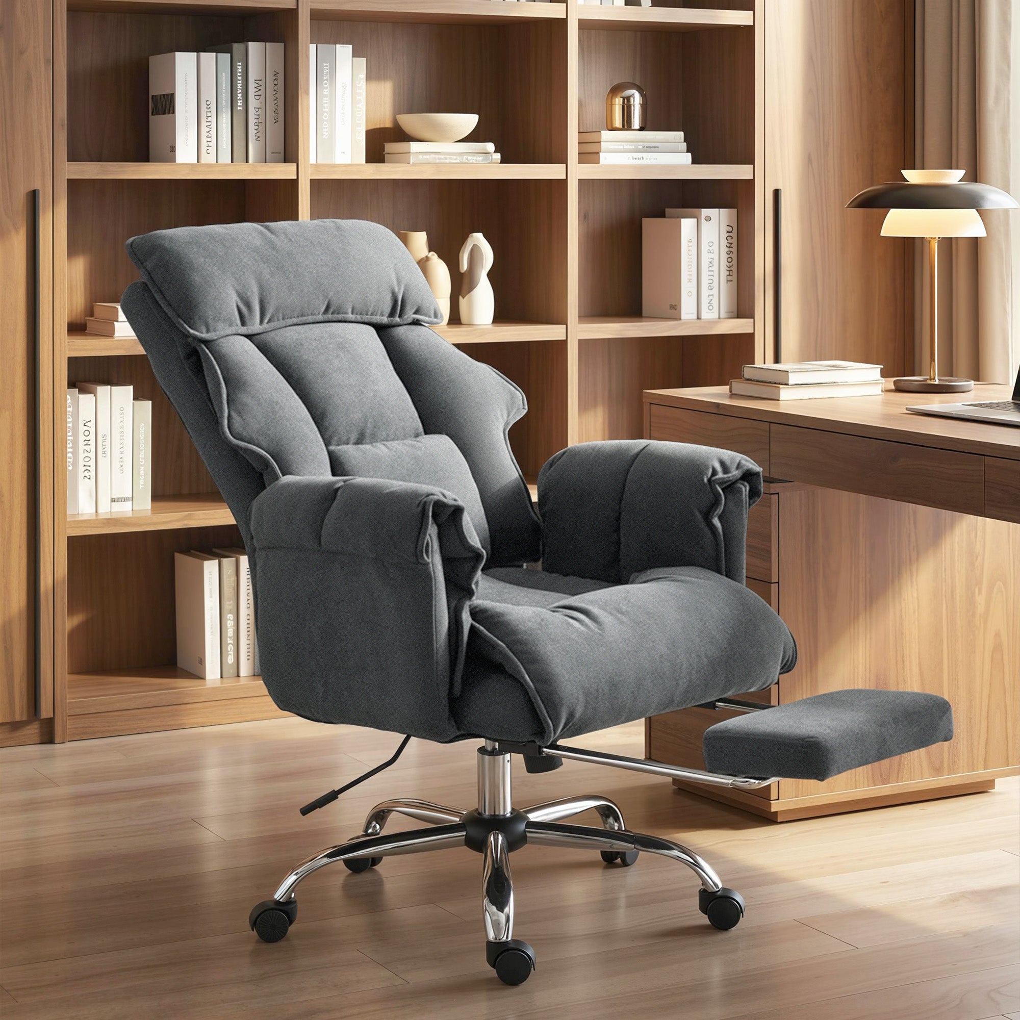 Executive Office Chair with Footrest, Reclining Swivel Computer Desk Chair with High Back, Double-layer Padding, Headrest, Adjustable Height, Rolling Wheels, Dark Grey