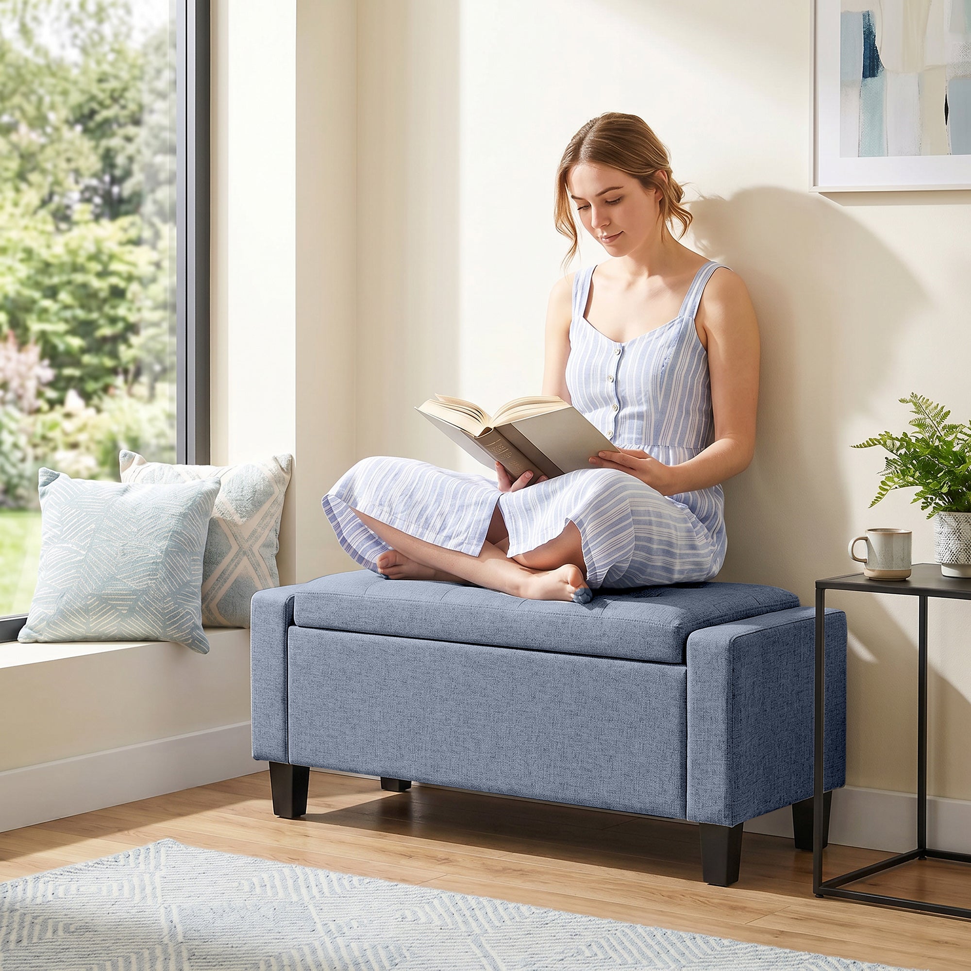 36.6" Tufted Fabric Rectangular Storage Ottoman, Sitting Bench with Armrests and Wooden Legs, Holds up to 528 lbs, for Entryway, Living Room, Bedroom, Dark Gray