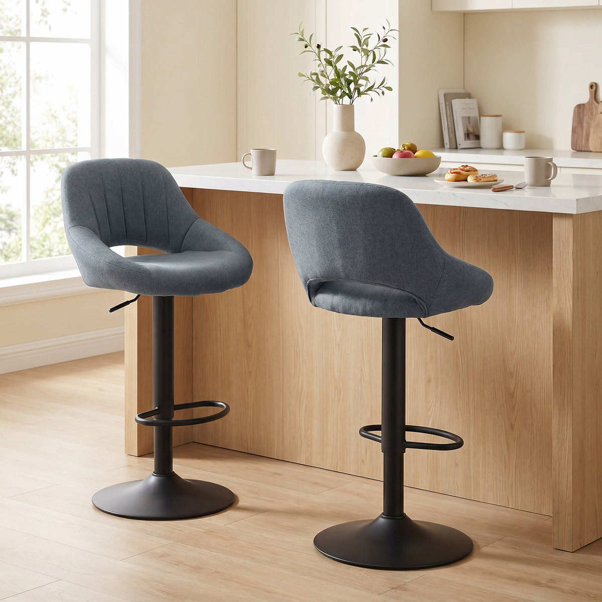 Bar Stools Set of 2, Swivel Counter Height Barstools with Adjustable Height and Cutout Back, Linen Upholstered Bar Chairs with Round Metal Base and Footrest, Dark Grey