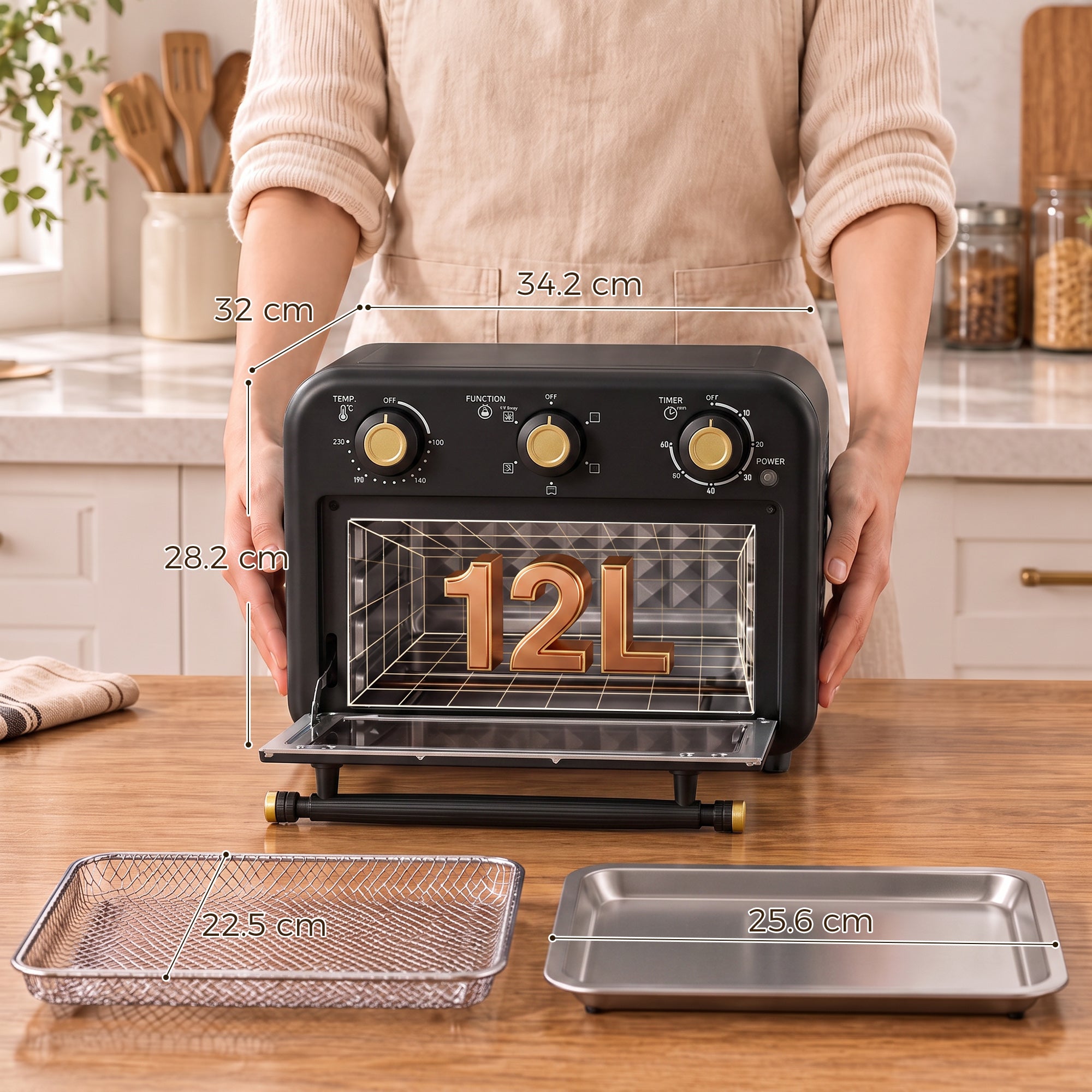 Air Fryer Toaster Oven, 12 L Small Convection Countertop Oven with Knob Controls, Baking Tray and Fry Basket, Adjustable Temperature, Timer, Dishwasher Safe, 1200W, Steel, Black
