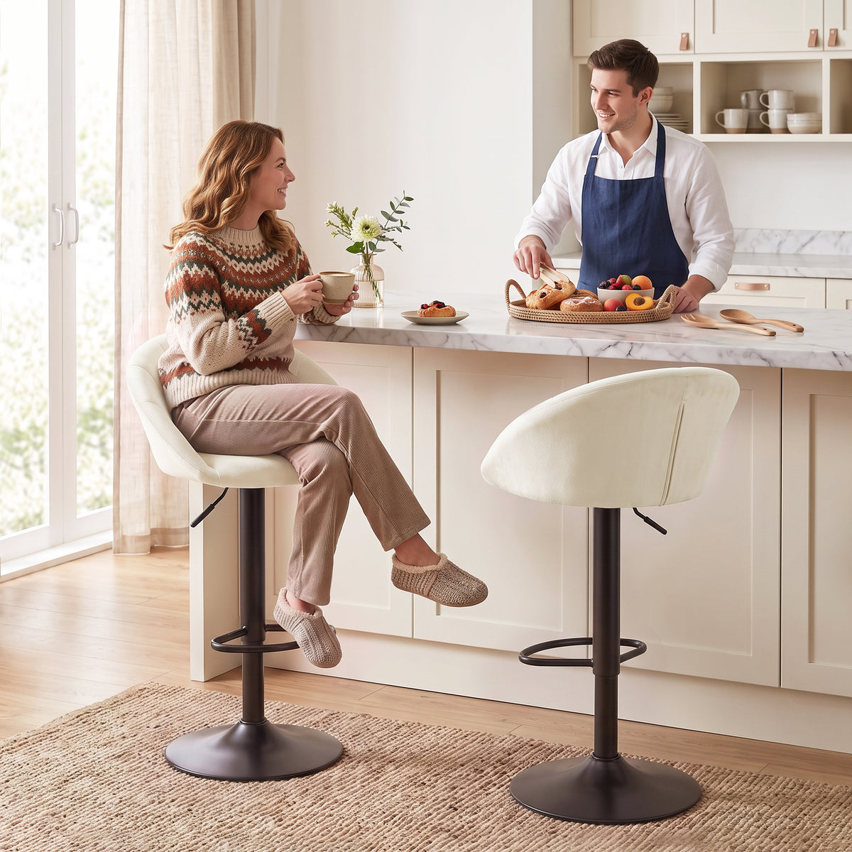 Breakfast Bar Stools Set of 2, Modern Velvet-Feel Swivel BarStools, Adjustable Counter Height Bar Chairs with Backrest and Footrest for Kitchen Island, Dining Room, Bar, Cream White