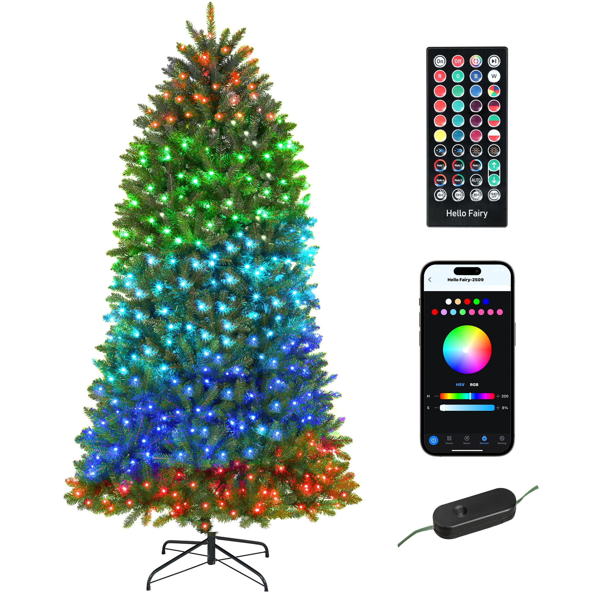 7.5ft Smart Prelit Christmas Tree with Full-Spectrum RGB Dimmable LEDs, App and Remote Control, Wide Full Hinged Xmas Tree, Easy Assembly, Artificial Holiday Decoration, Green