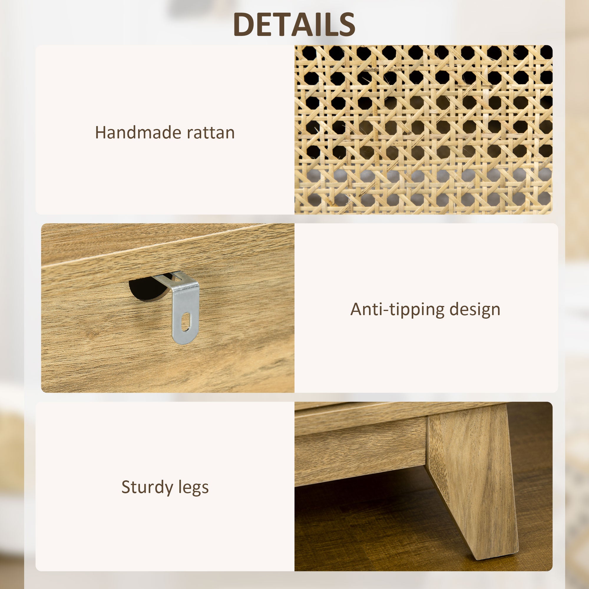 HOMCOM Bedside Table Nightstand with Storage Shelf and Door Cupboard, Side End Table with Rattan Element for Living Room, Bedroom, Natural