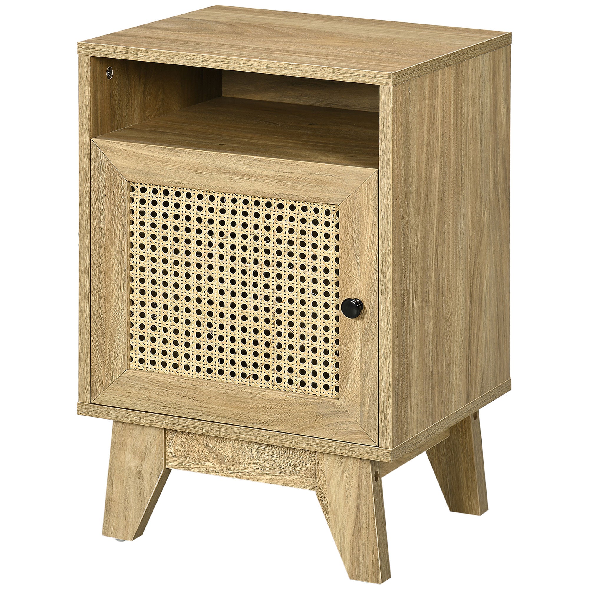 HOMCOM Bedside Table Nightstand with Storage Shelf and Door Cupboard, Side End Table with Rattan Element for Living Room, Bedroom, Natural