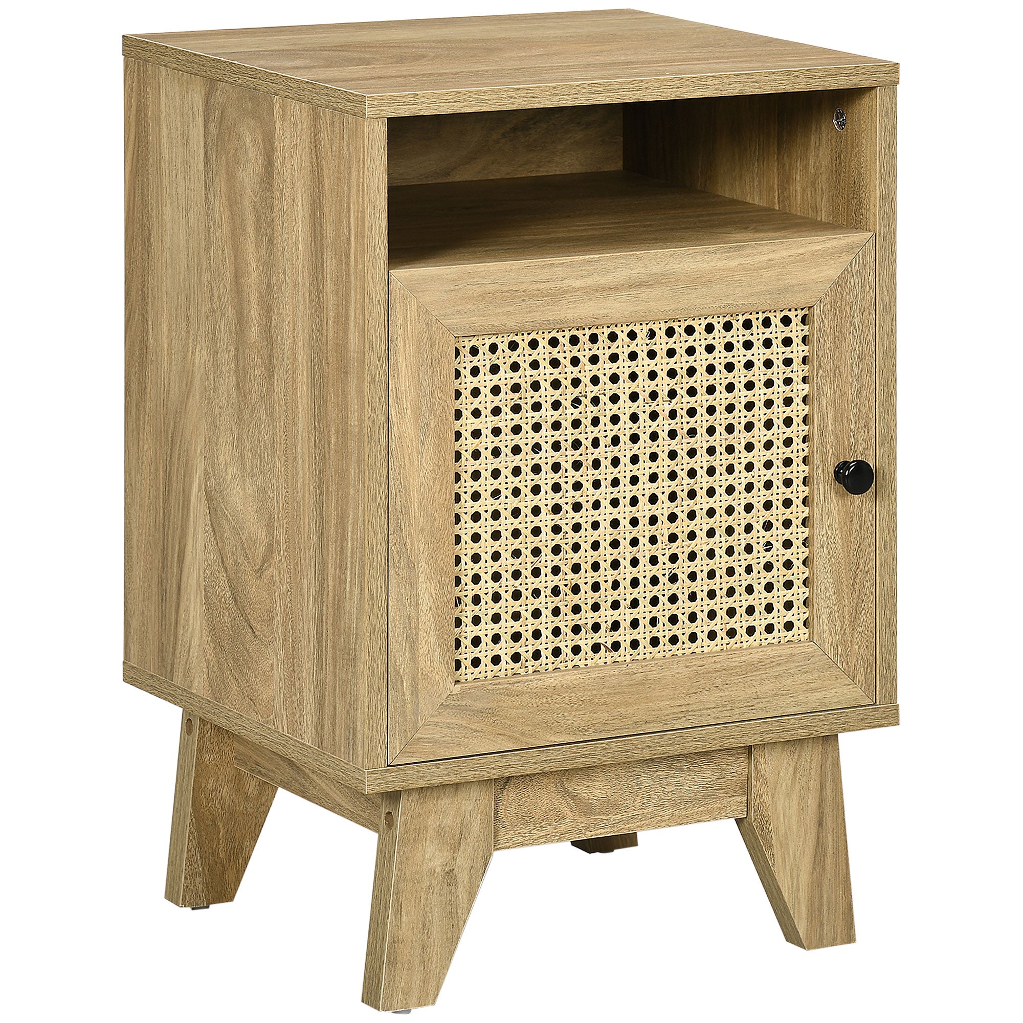 HOMCOM Bedside Table Nightstand with Storage Shelf and Door Cupboard, Side End Table with Rattan Element for Living Room, Bedroom, Natural
