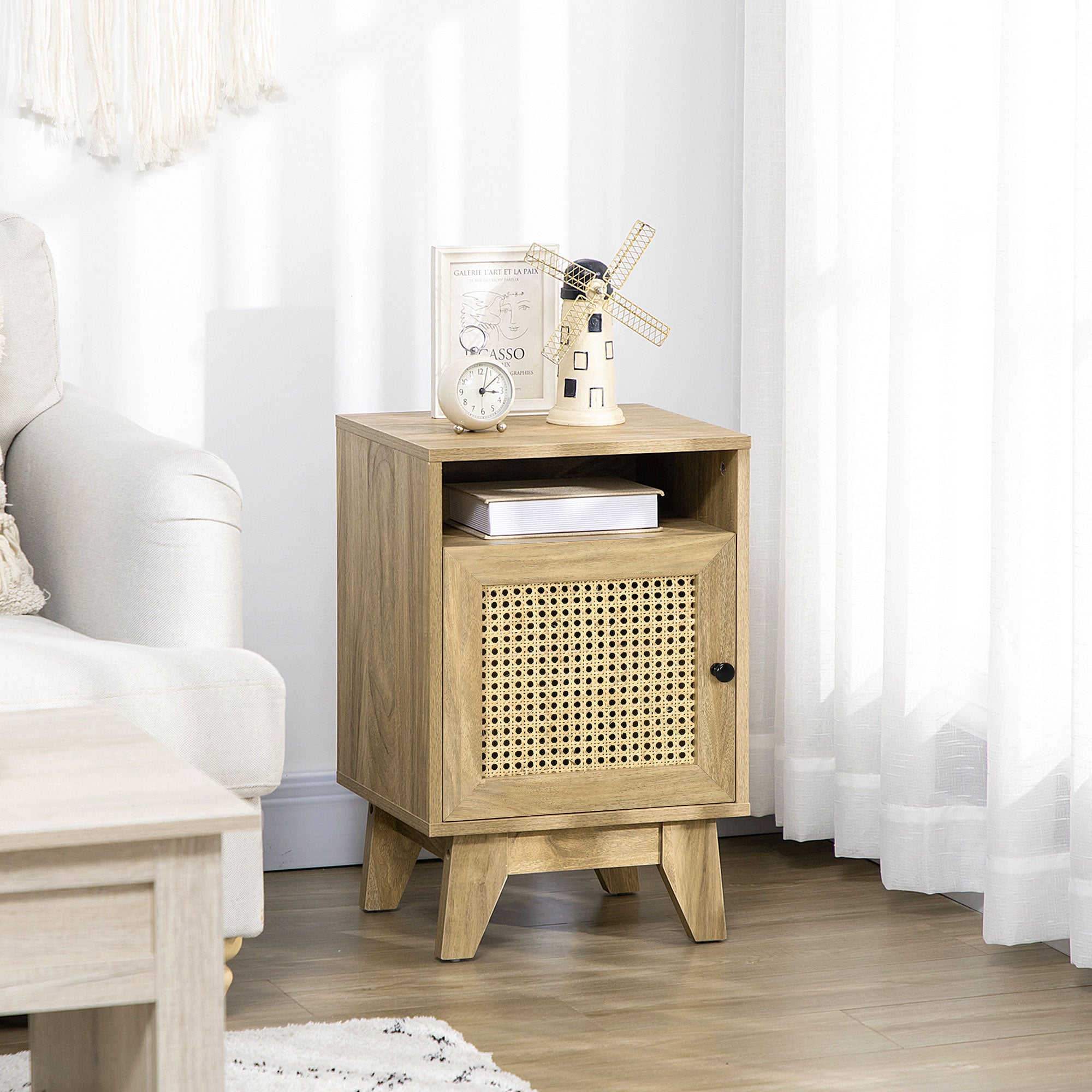 HOMCOM Bedside Table Nightstand with Storage Shelf and Door Cupboard, Side End Table with Rattan Element for Living Room, Bedroom, Natural