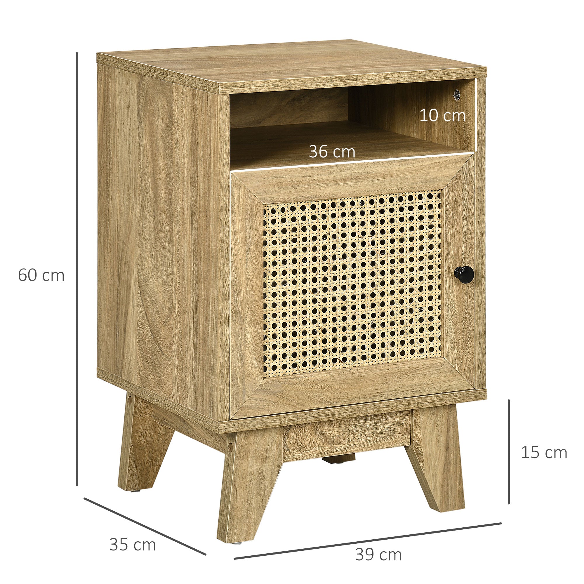 HOMCOM Bedside Table Nightstand with Storage Shelf and Door Cupboard, Side End Table with Rattan Element for Living Room, Bedroom, Natural