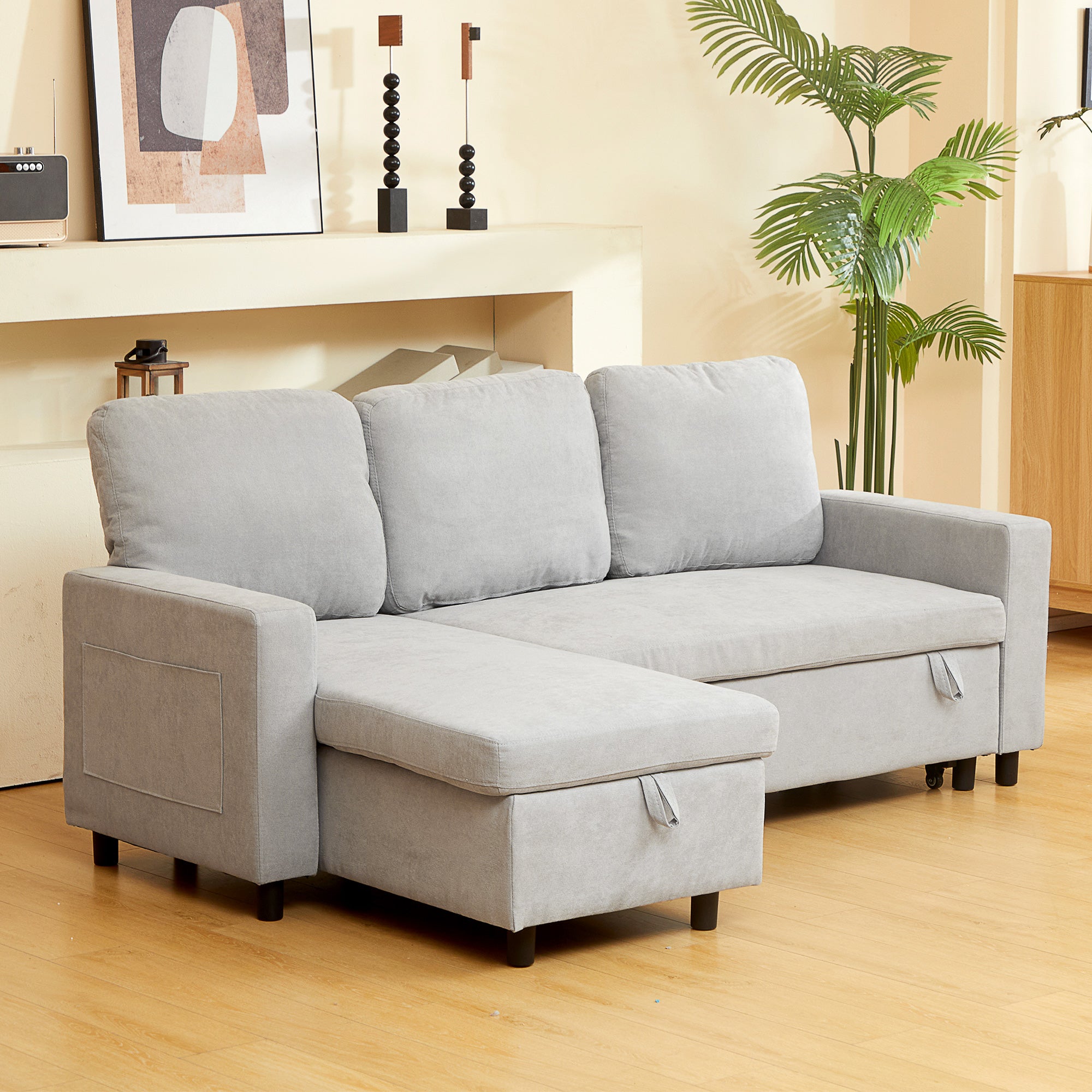 HOMCOM Sofa Bed with Storage, Convertible L Shaped Corner Sofa, 3 Seater Pull Out Sofa Bed with Reversible Chaise, Side Pockets for Living Room, Bedroom, Small Spaces, Light Grey