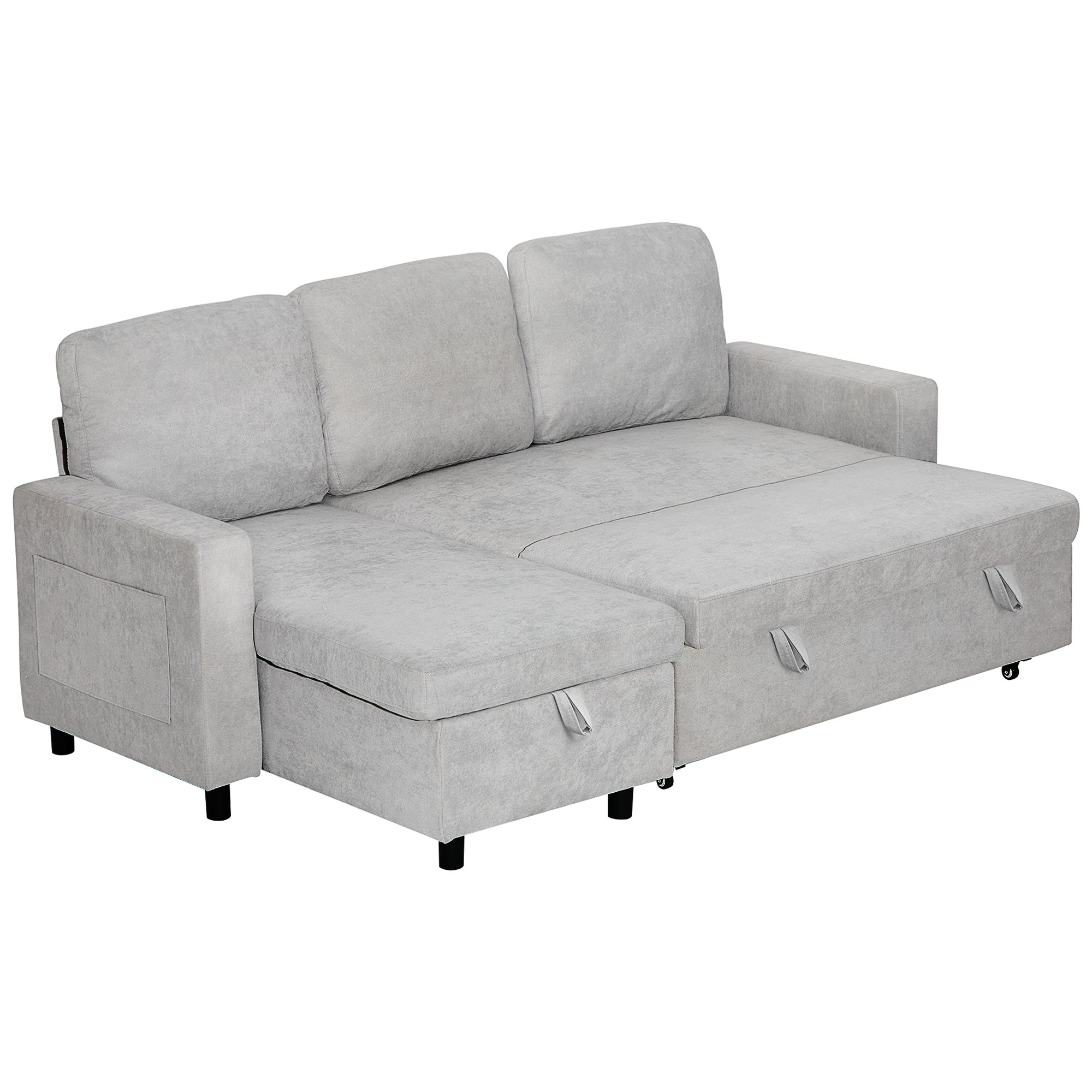 HOMCOM Sofa Bed with Storage, Convertible L Shaped Corner Sofa, 3 Seater Pull Out Sofa Bed with Reversible Chaise, Side Pockets for Living Room, Bedroom, Small Spaces, Light Grey