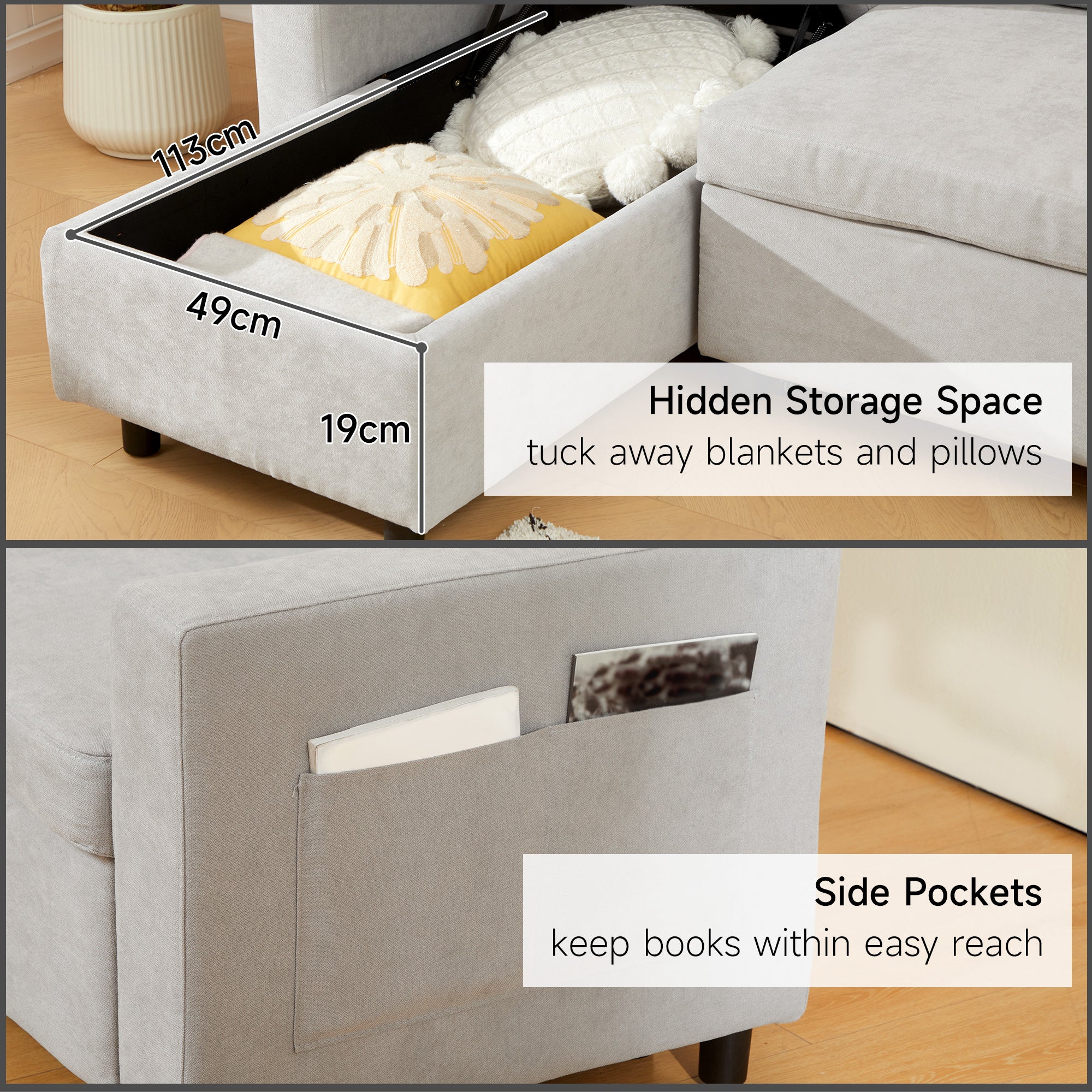 HOMCOM Sofa Bed with Storage, Convertible L Shaped Corner Sofa, 3 Seater Pull Out Sofa Bed with Reversible Chaise, Side Pockets for Living Room, Bedroom, Small Spaces, Light Grey