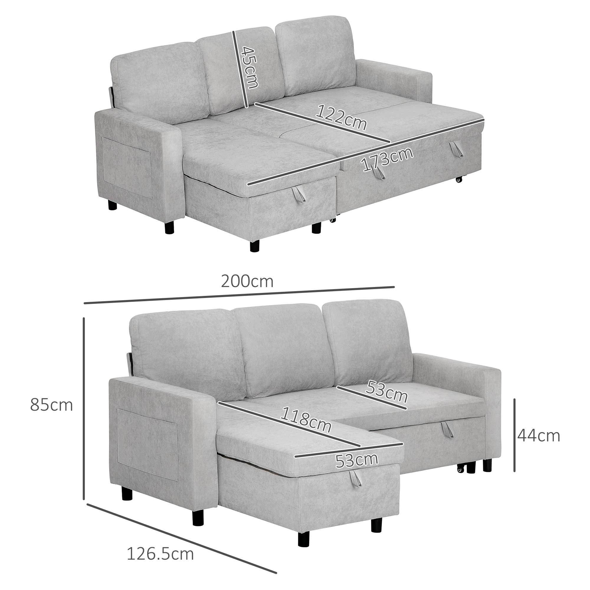 HOMCOM Sofa Bed with Storage, Convertible L Shaped Corner Sofa, 3 Seater Pull Out Sofa Bed with Reversible Chaise, Side Pockets for Living Room, Bedroom, Small Spaces, Light Grey