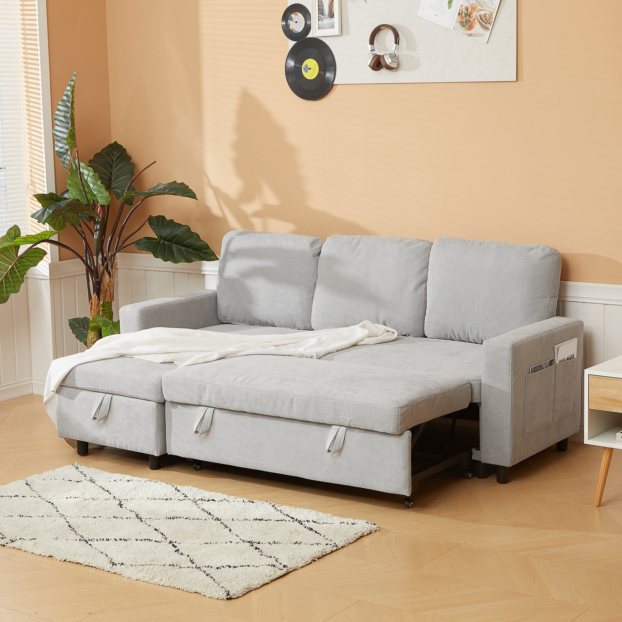 HOMCOM Sofa Bed with Storage, Convertible L Shaped Corner Sofa, 3 Seater Pull Out Sofa Bed with Reversible Chaise, Side Pockets for Living Room, Bedroom, Small Spaces, Light Grey