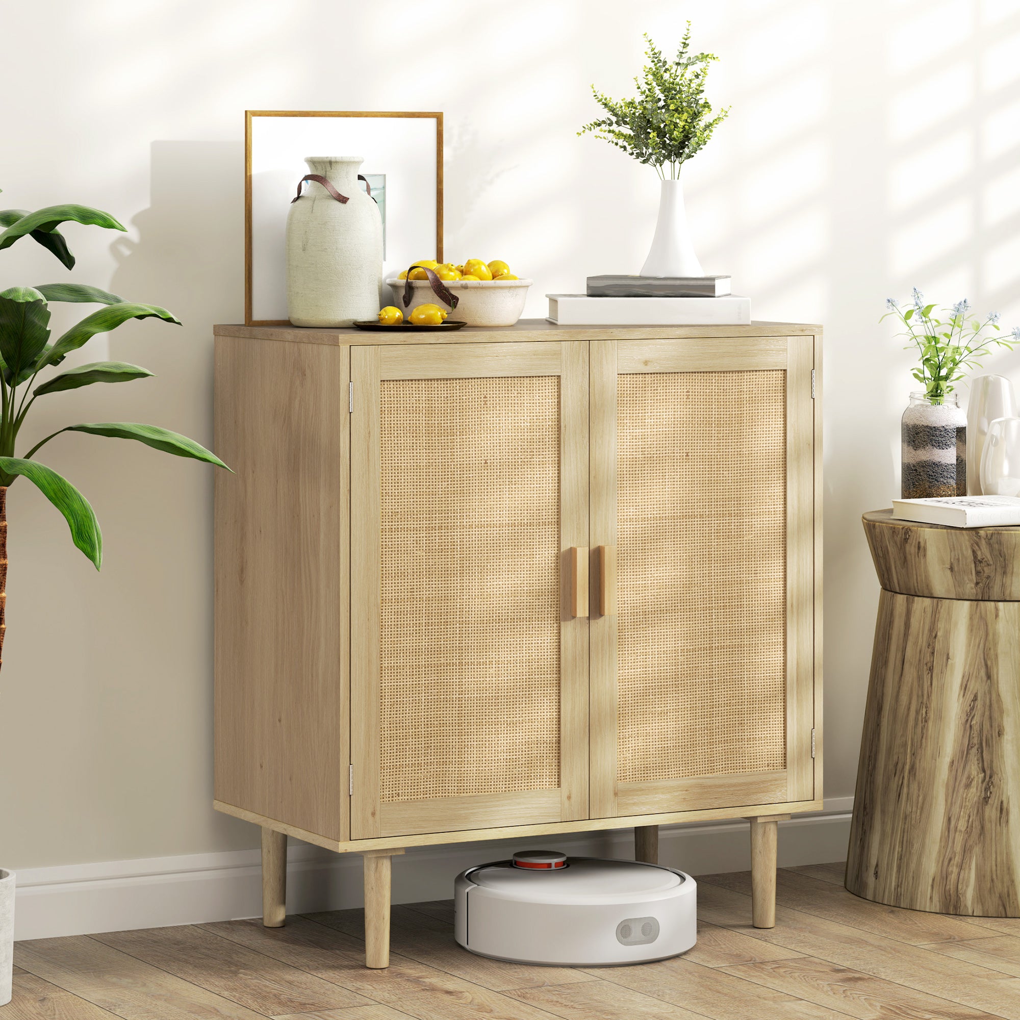 Sideboard Buffet Cabinet, 32" Boho Buffet Table, Rattan Coffee Bar Cabinet with 2 Doors and Shelves for Kitchen, Living Room, Entryway, Natural