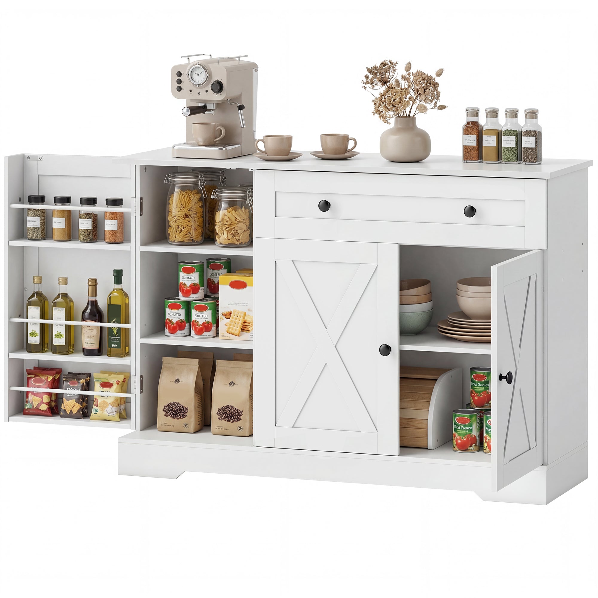 Farmhouse Sideboard Buffet Cabinet with Storage, 47" Coffee Bar Cabinet with 3 Door Shelves, Drawer, Adjustable Shelves and 3 Barn Doors, White