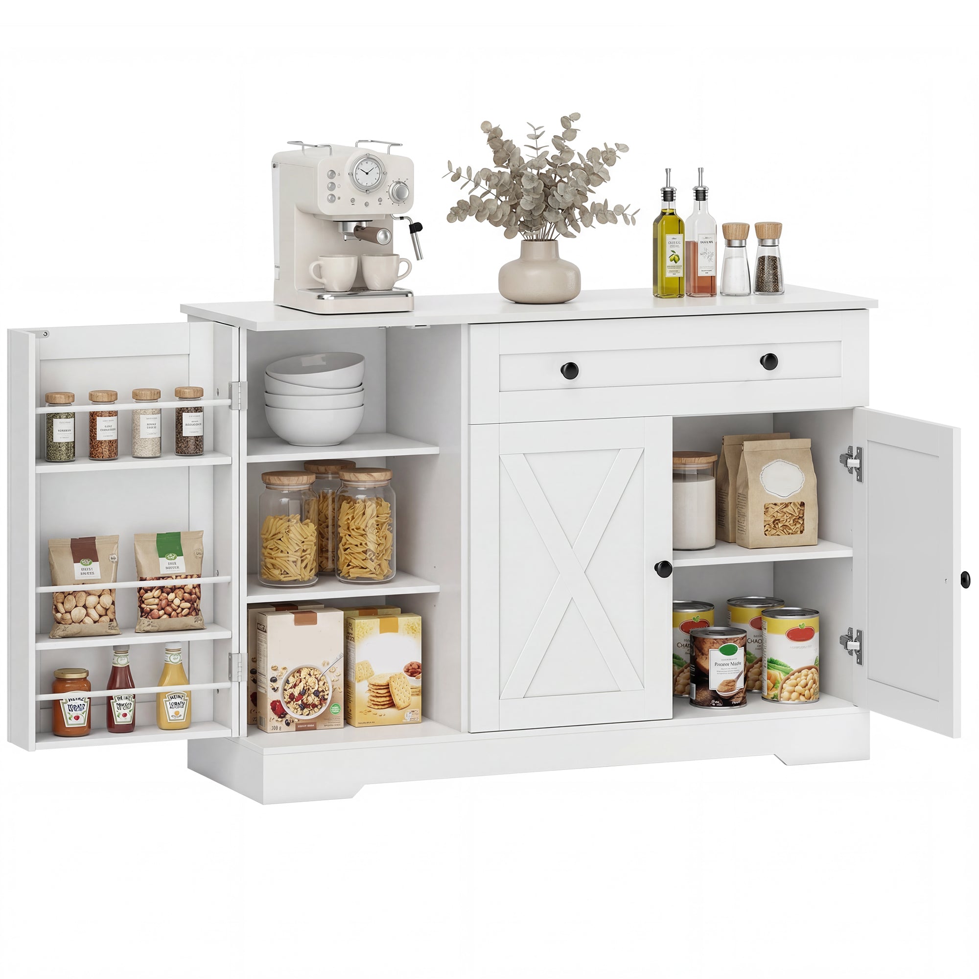 Farmhouse Sideboard Buffet Cabinet with Storage, 47" Coffee Bar Cabinet with 3 Door Shelves, Drawer, Adjustable Shelves and 3 Barn Doors, White
