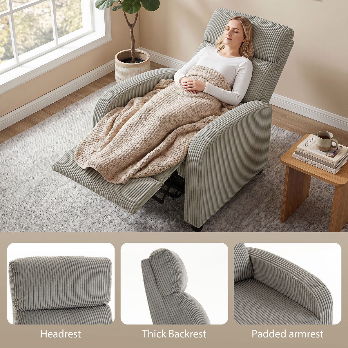 Push Back Recliner Chair, Corduroy Home Theater Seating, Single Reclining Sofa Chair with Padded Seat for Living Room, Grey