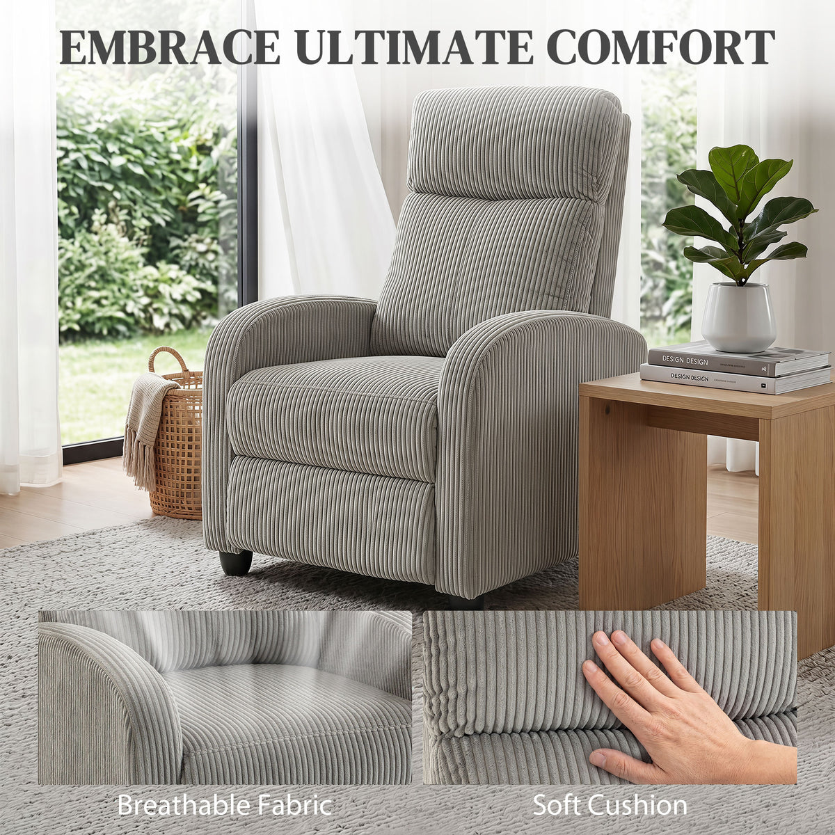 Push Back Recliner Chair, Corduroy Home Theater Seating, Single Reclining Sofa Chair with Padded Seat for Living Room, Grey