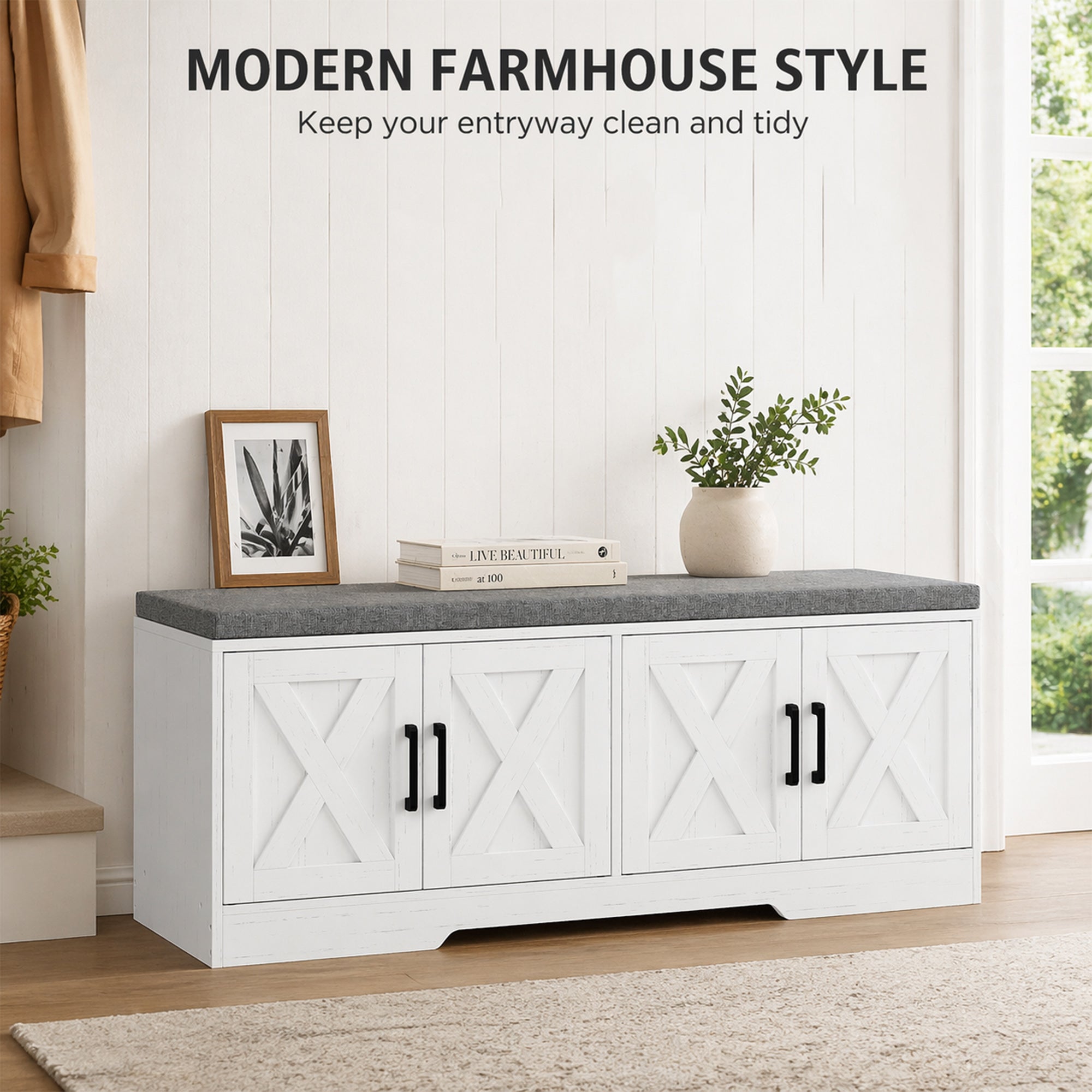 Shoe Bench with Storage, Shoe Storage Bench with 2-Tier Cabinet, Padded Seat Cushion and Adjustable Shelves, Modern Farmhouse Entryway Storage Cabinet, White