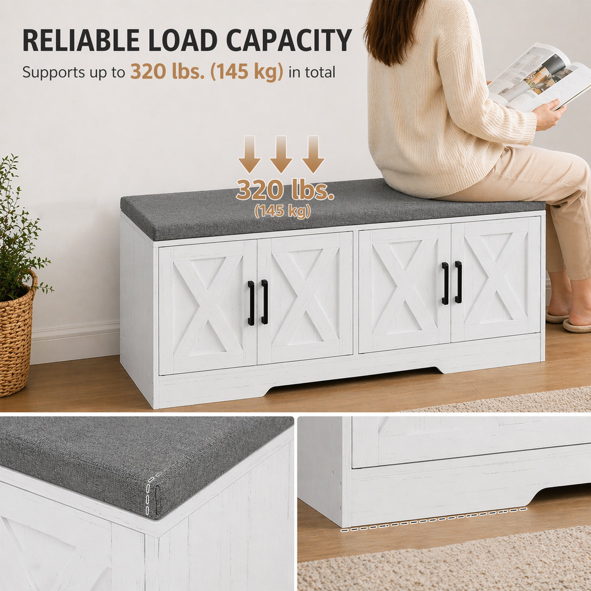 Shoe Bench with Storage, Shoe Storage Bench with 2-Tier Cabinet, Padded Seat Cushion and Adjustable Shelves, Modern Farmhouse Entryway Storage Cabinet, White