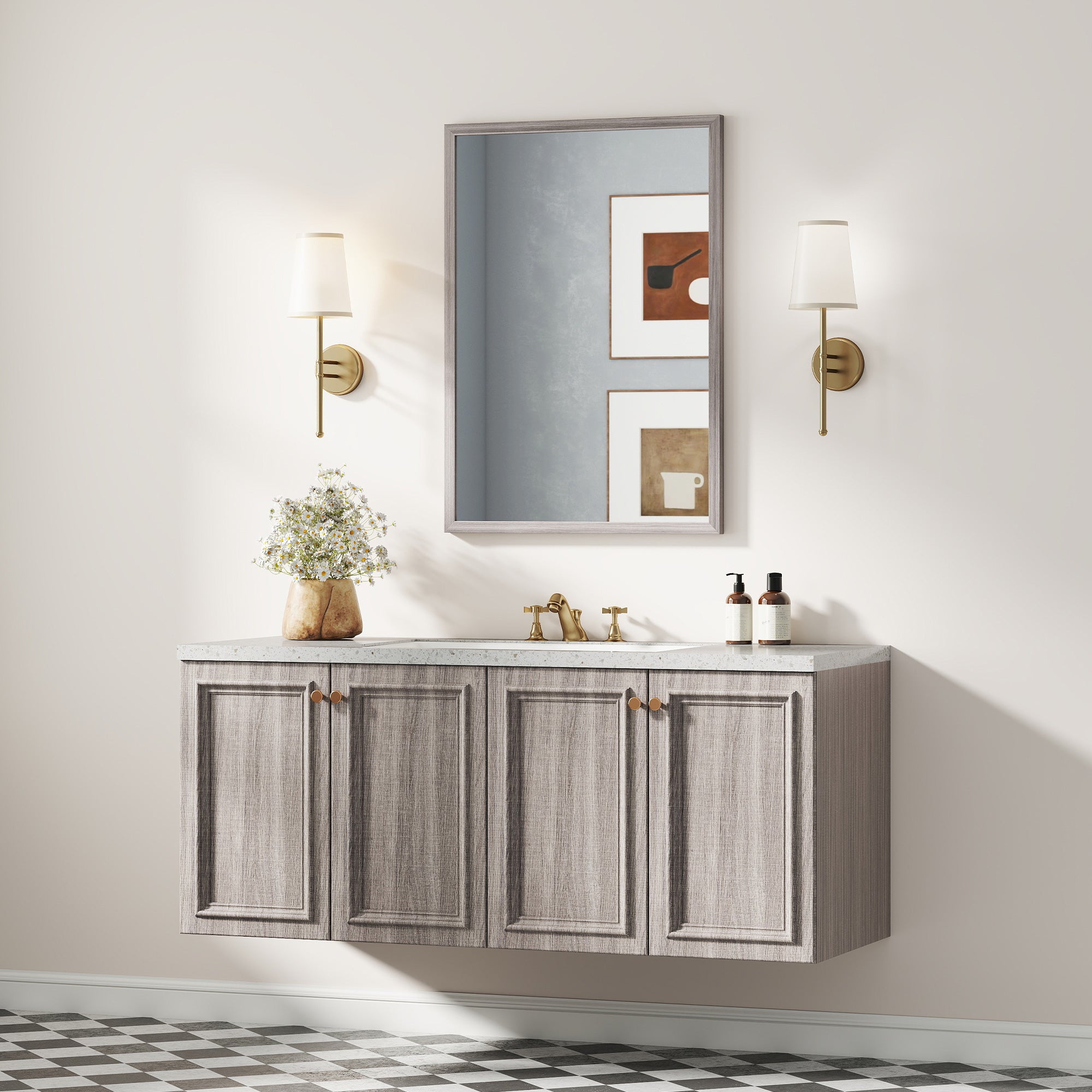 Decorative Rectangular Wall Mirror, 50W x 70H cm Wall-Mounted Bathroom Mirror for Living Room, Bedroom, Hallway, Grey Wood Grain