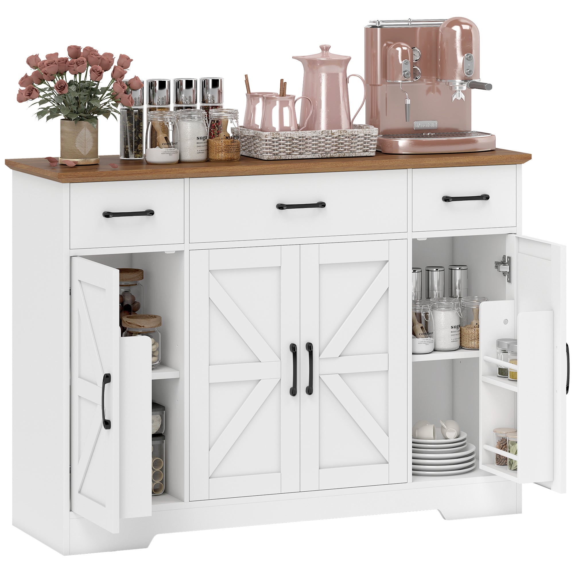 47" Sideboard Buffet Cabinet, Farmhouse Credenza with Soft-Close Hinges, Coffee Bar Cabinet with Spice Racks, 3 Drawers and 3 Adjustable Shelves, White