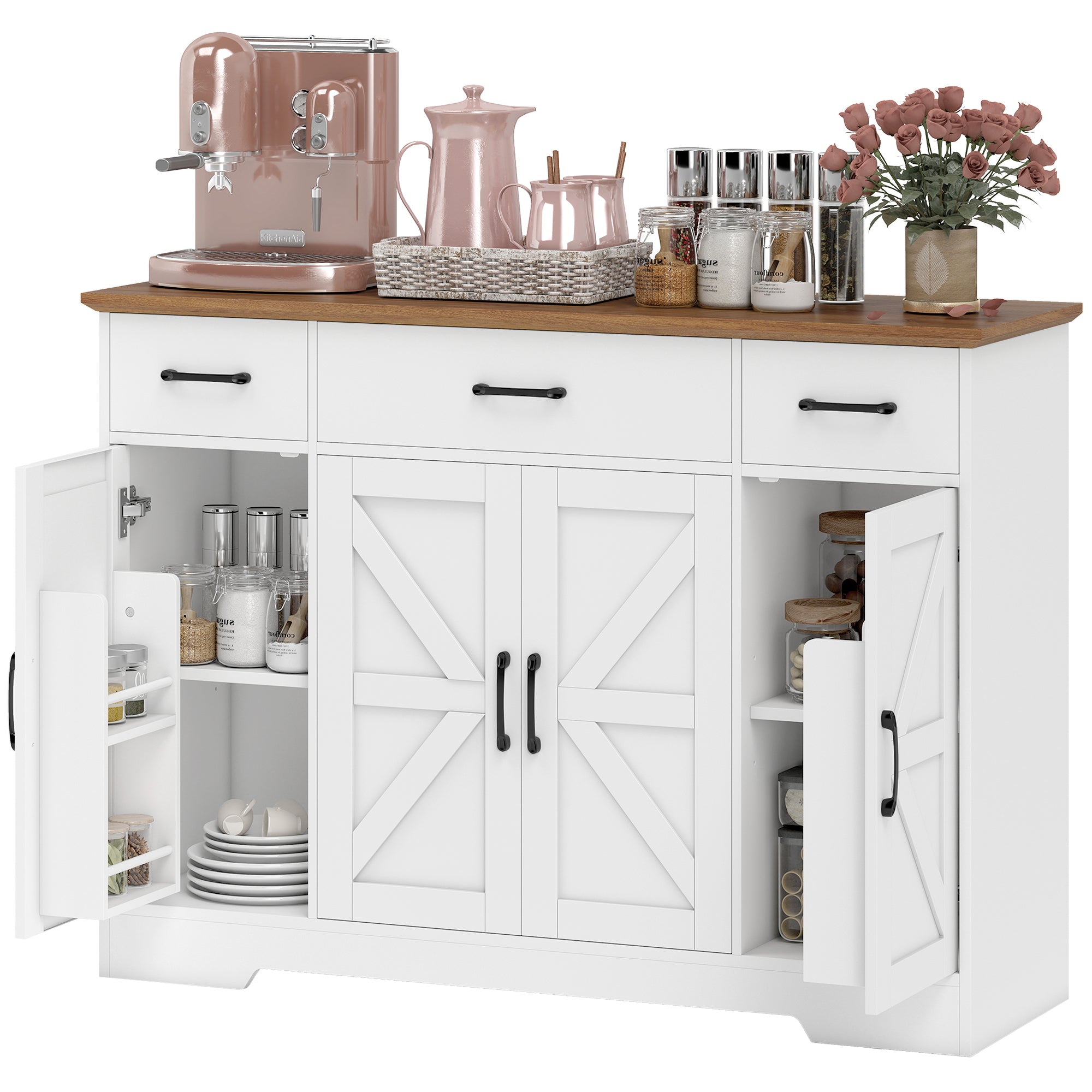 47" Sideboard Buffet Cabinet, Farmhouse Credenza with Soft-Close Hinges, Coffee Bar Cabinet with Spice Racks, 3 Drawers and 3 Adjustable Shelves, White