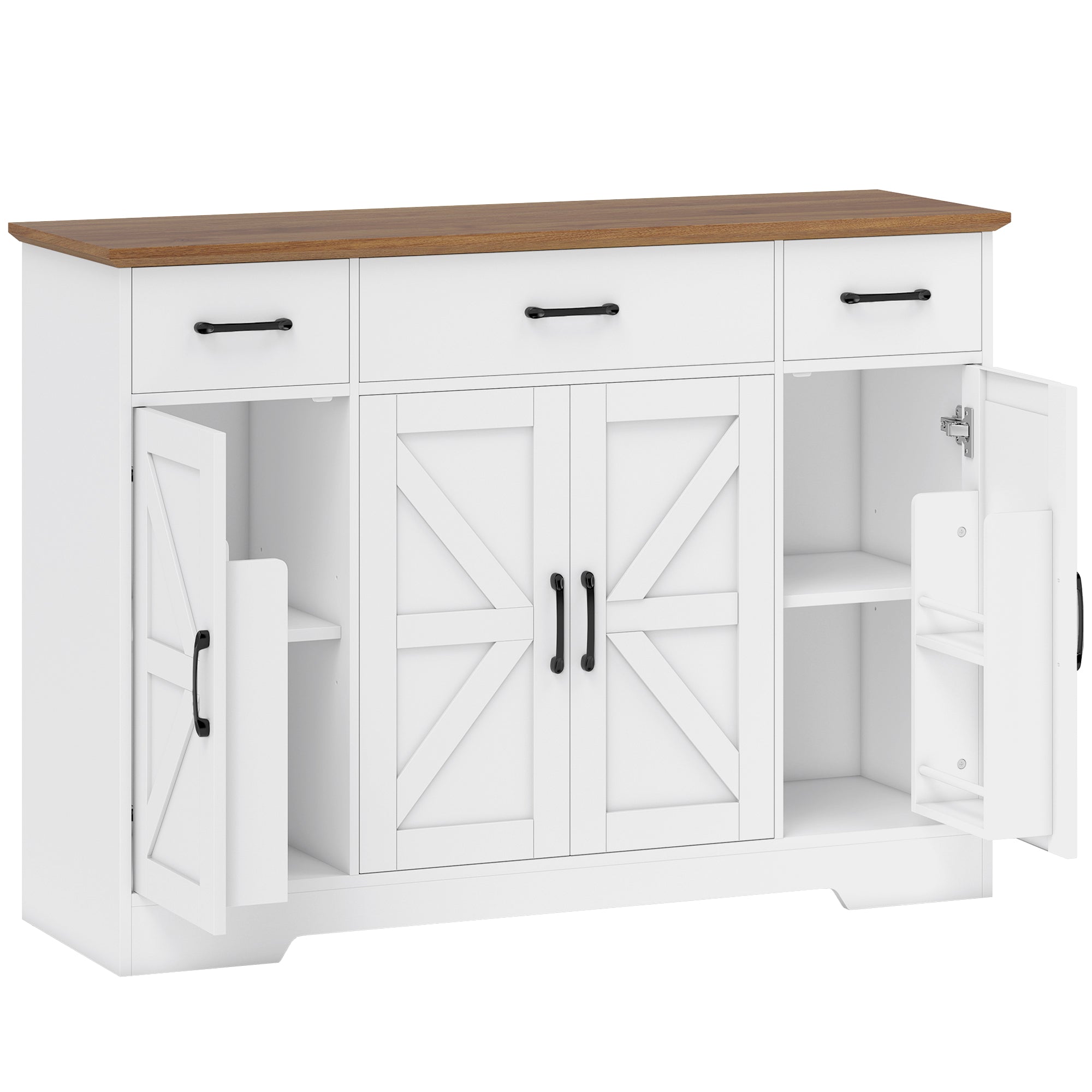 47" Sideboard Buffet Cabinet, Farmhouse Credenza with Soft-Close Hinges, Coffee Bar Cabinet with Spice Racks, 3 Drawers and 3 Adjustable Shelves, White