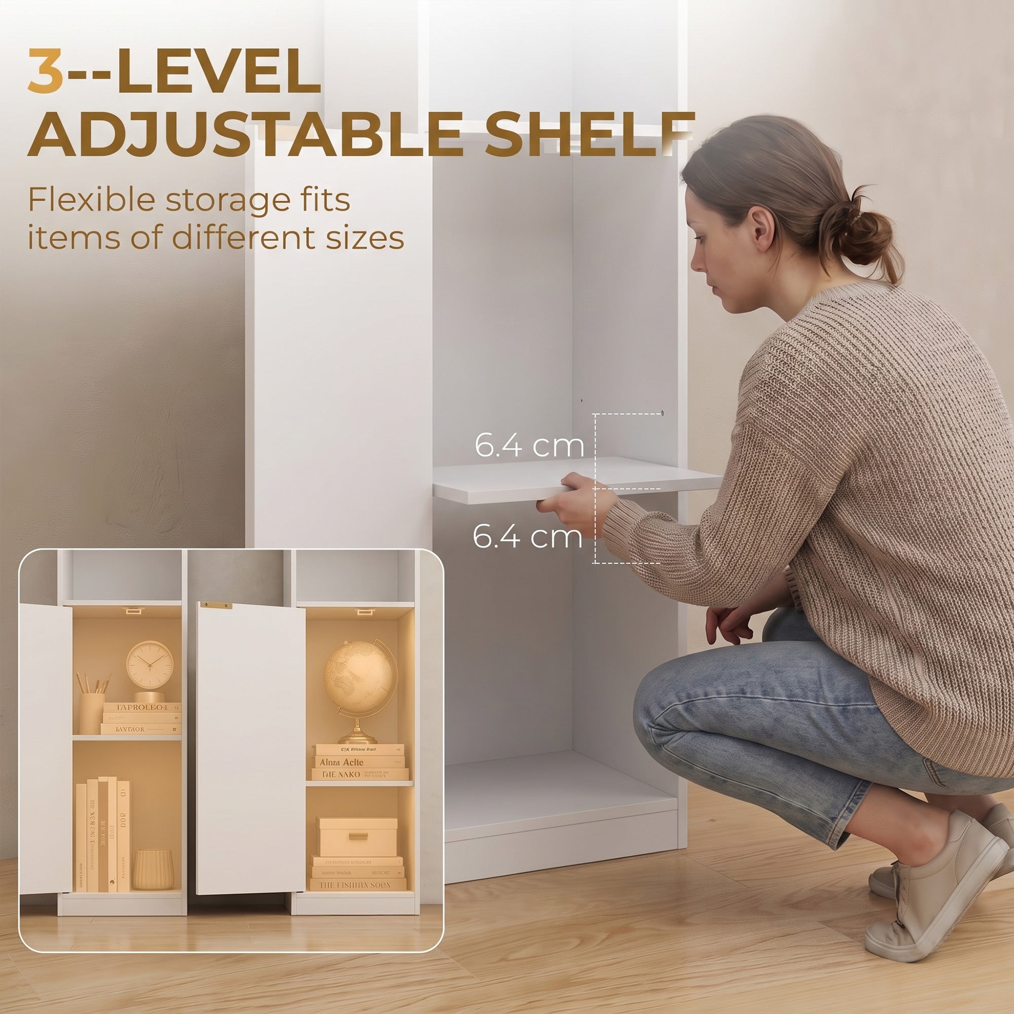 Bookcase, 6-Tier Tall Bookshelf, Open Book Shelf with Storage Cabinet and Adjustable Shelf, Anti-Tip Hardware for Living Room, Bedroom, Home Office, White Wood Effect