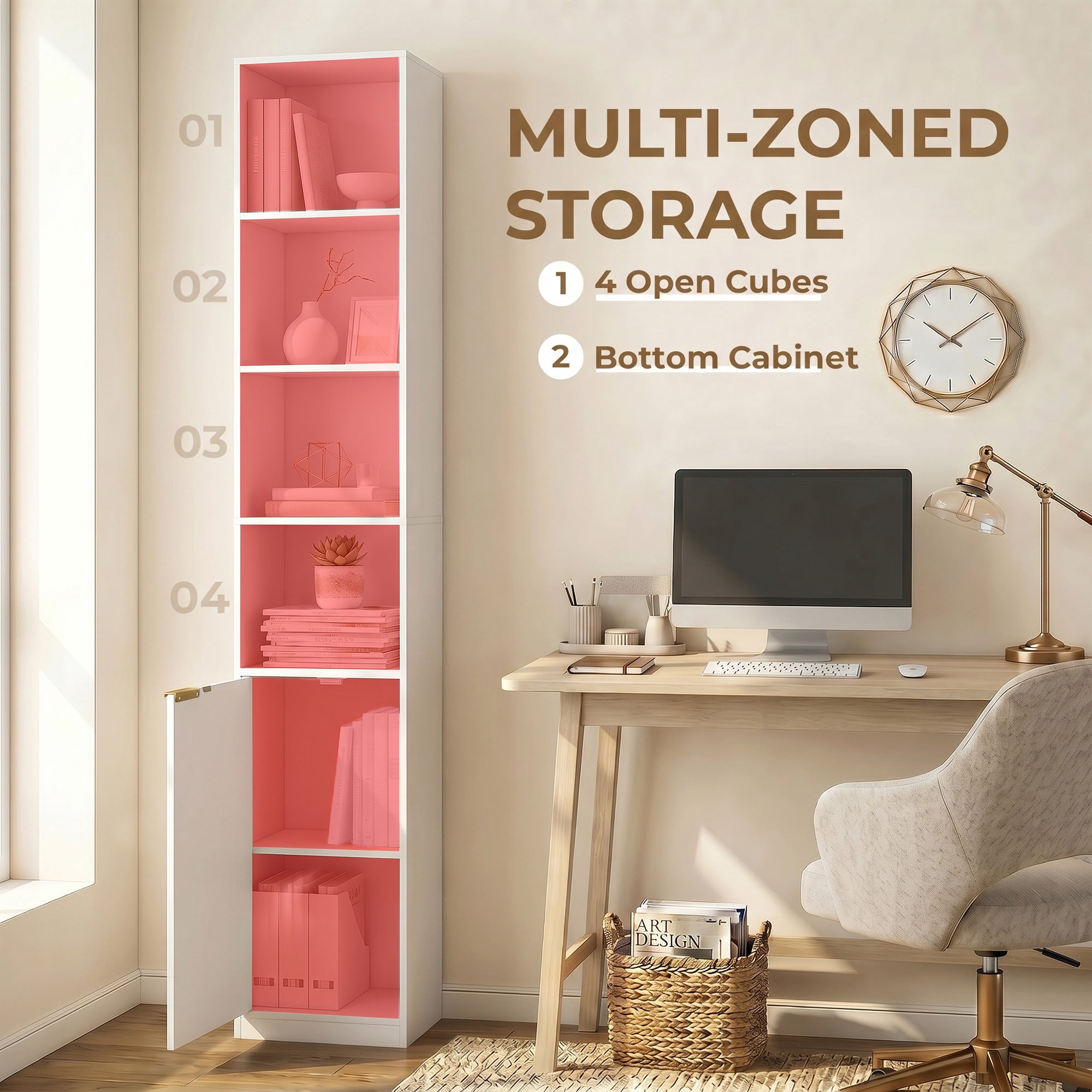 Bookcase, 6-Tier Tall Bookshelf, Open Book Shelf with Storage Cabinet and Adjustable Shelf, Anti-Tip Hardware for Living Room, Bedroom, Home Office, White Wood Effect